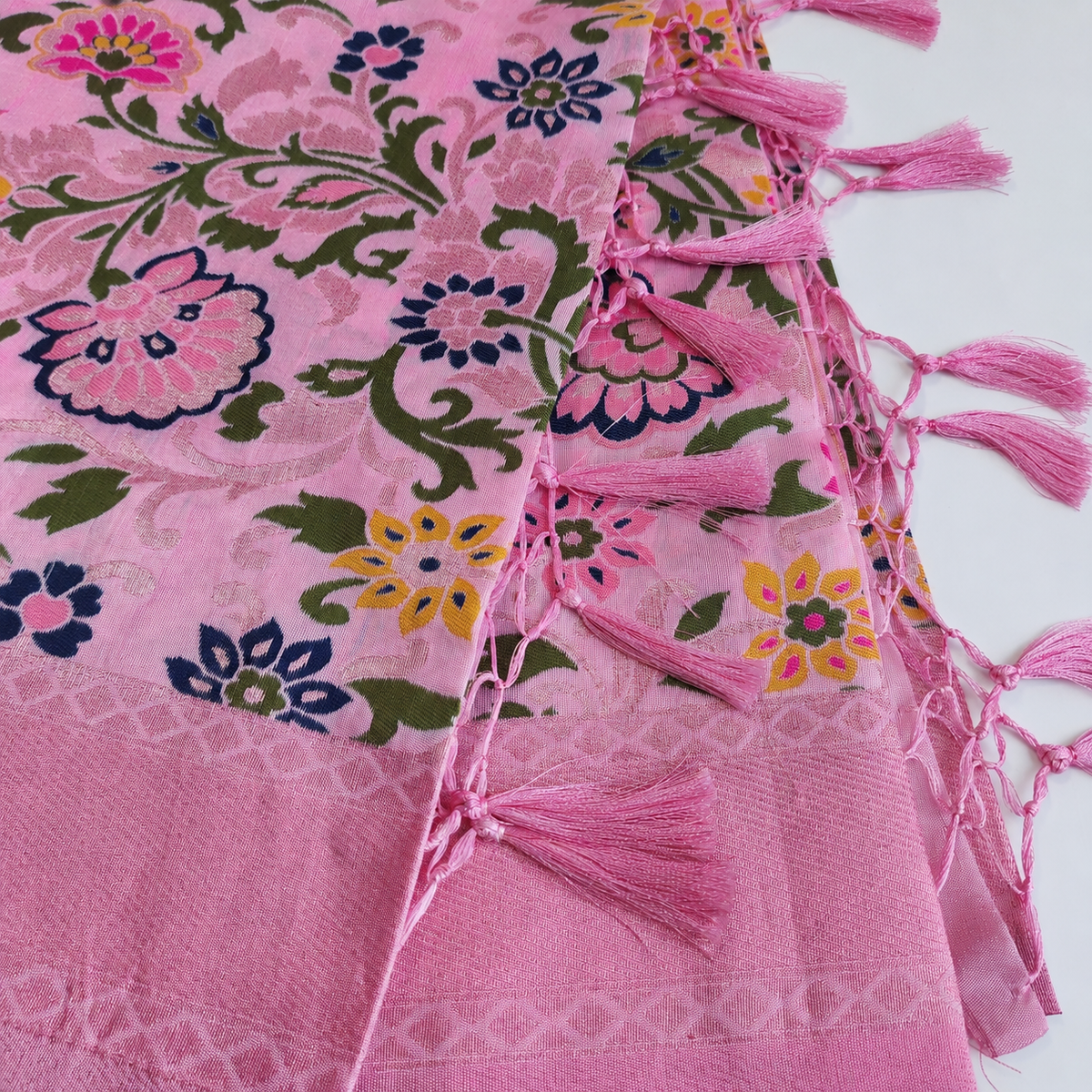 Banarasi Silk Vibrant Pink Dupatta with Multicolor & Gold Floral Handweaving