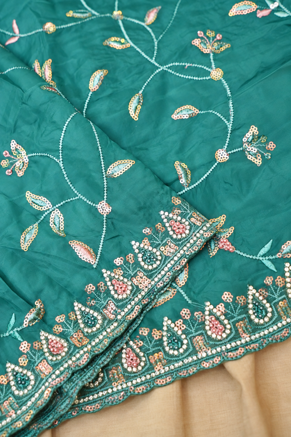 Sky Blue Willow Vine Designer Tissue Saree with Rhinestone Work and Stitched Blouse