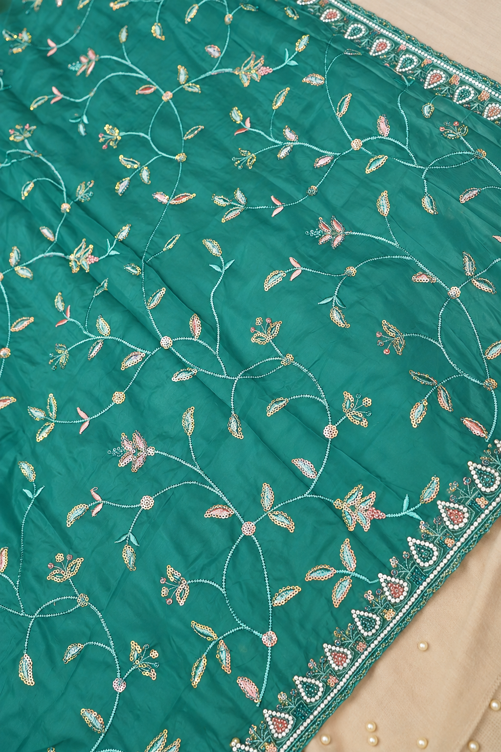 Sky Blue Willow Vine Designer Tissue Saree with Rhinestone Work and Stitched Blouse