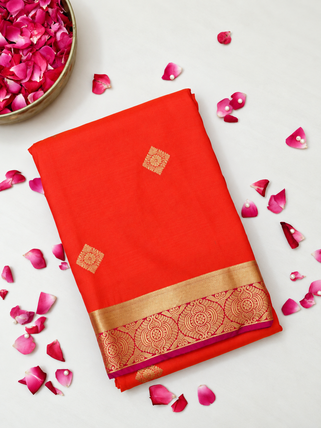 Devi - Vermilion Red Kanjivaram Silk Saree with Korvai Border