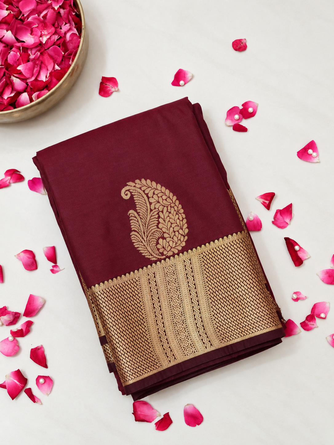 Devi - Burgundy Kanjivaram Silk Saree with Korvai Border