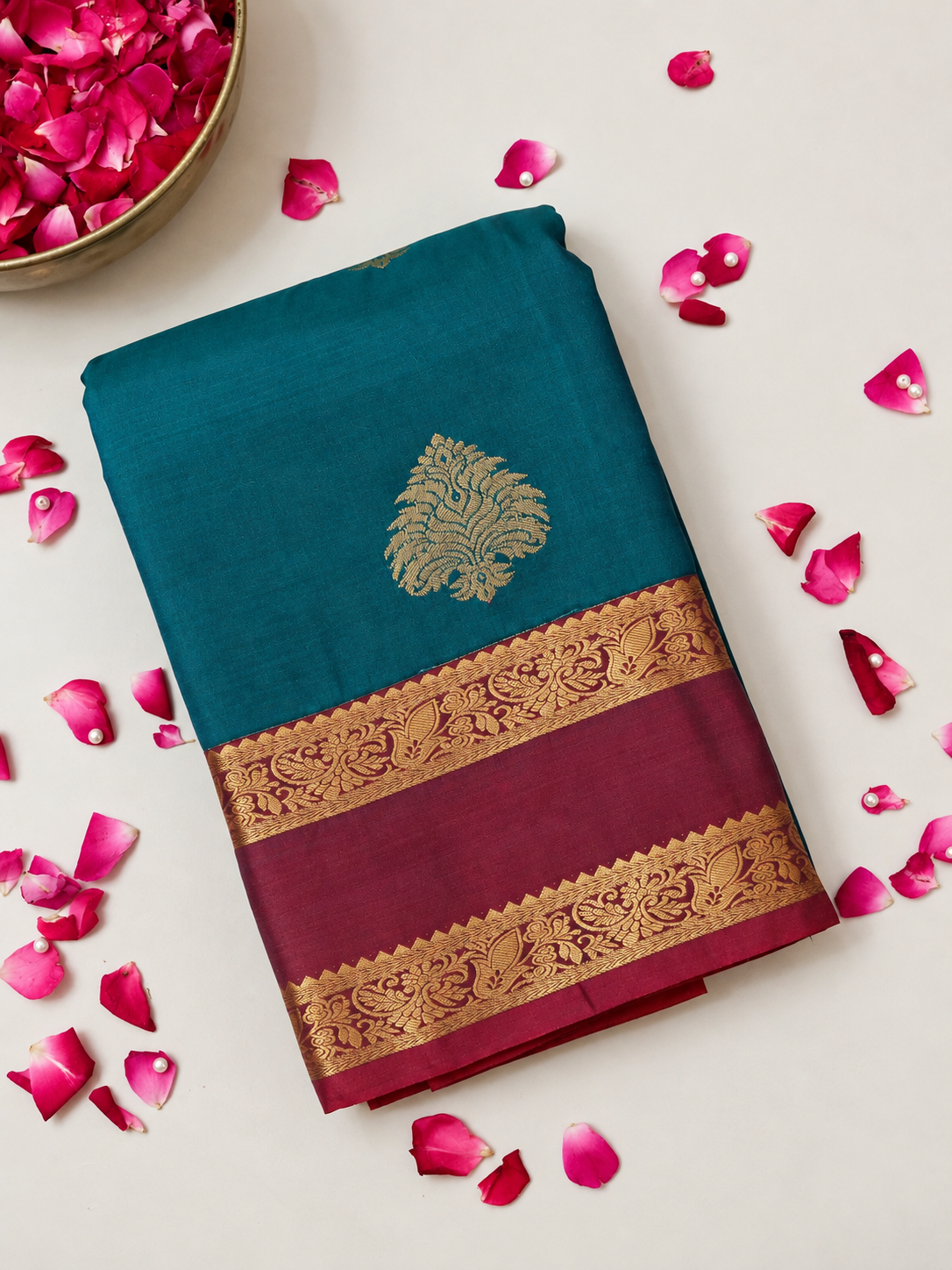 Devi - Peacock Teal Blue Kanjivaram Silk Saree with Korvai Border