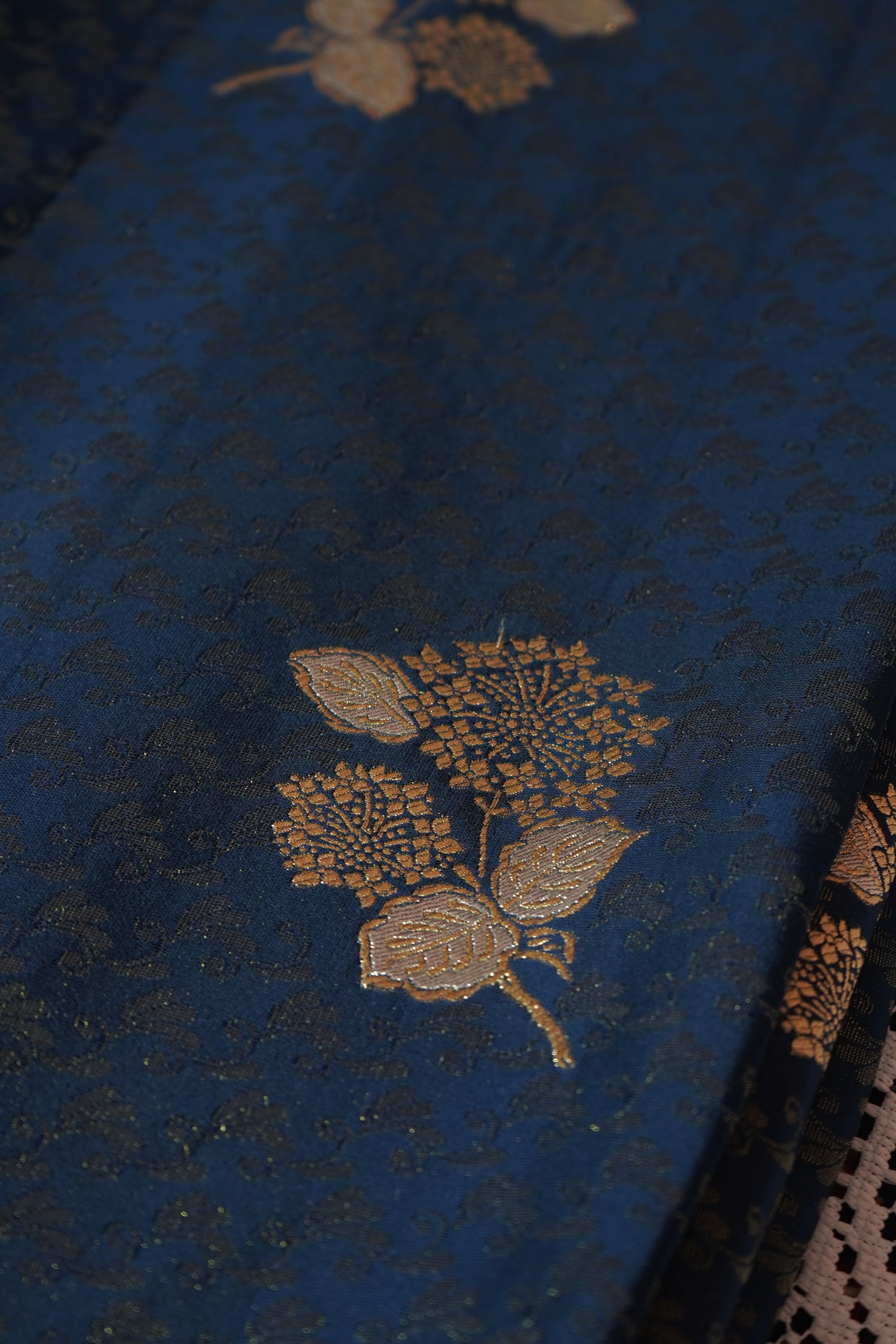 Midnight Navy Blue Tissue Katan Silk Saree with Champagne Gold Border