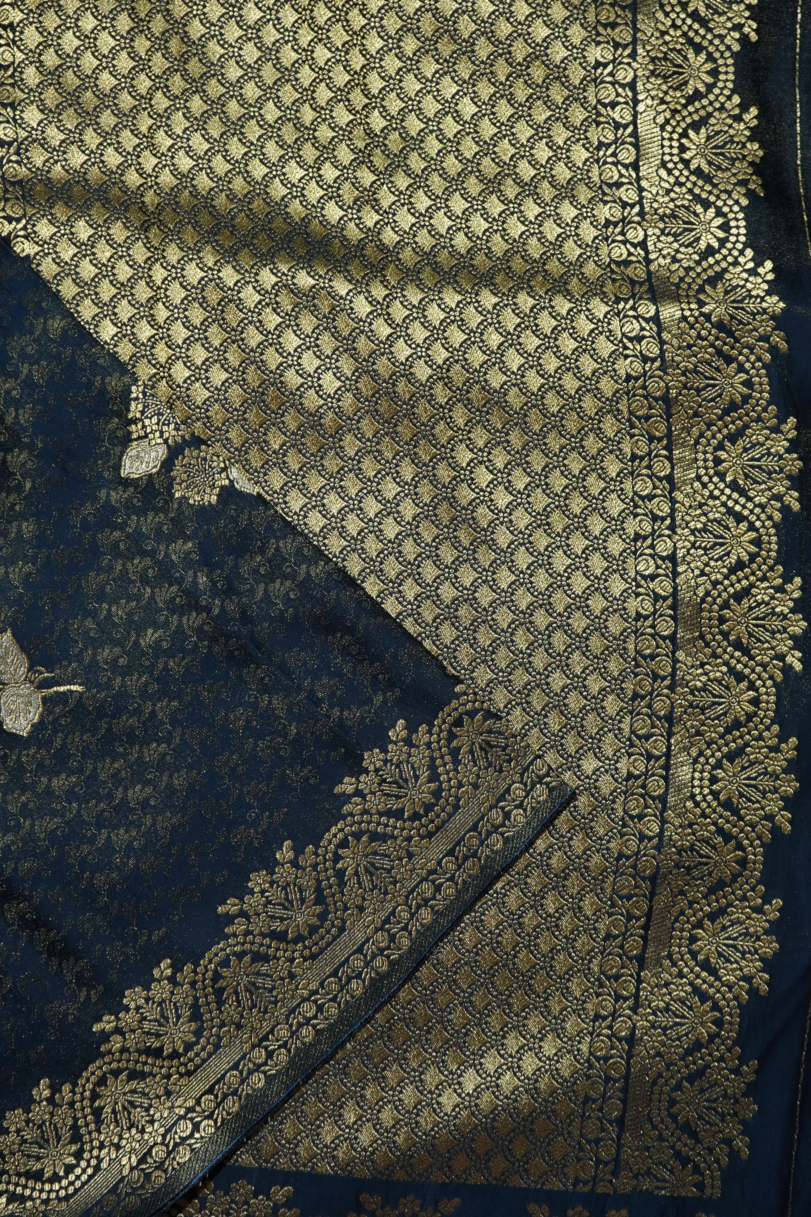 Midnight Navy Blue Tissue Katan Silk Saree with Champagne Gold Border