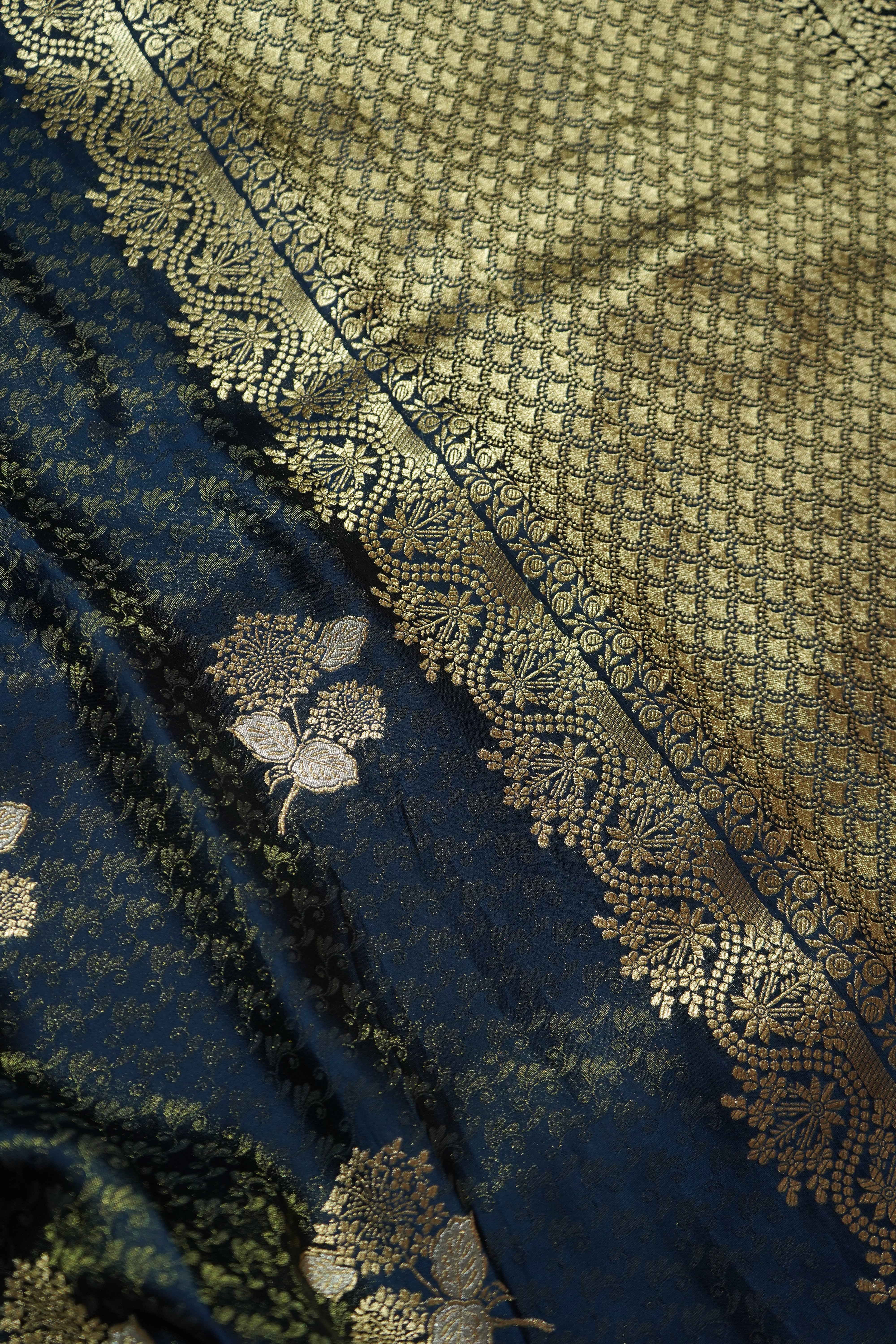 Midnight Navy Blue Tissue Katan Silk Saree with Champagne Gold Border