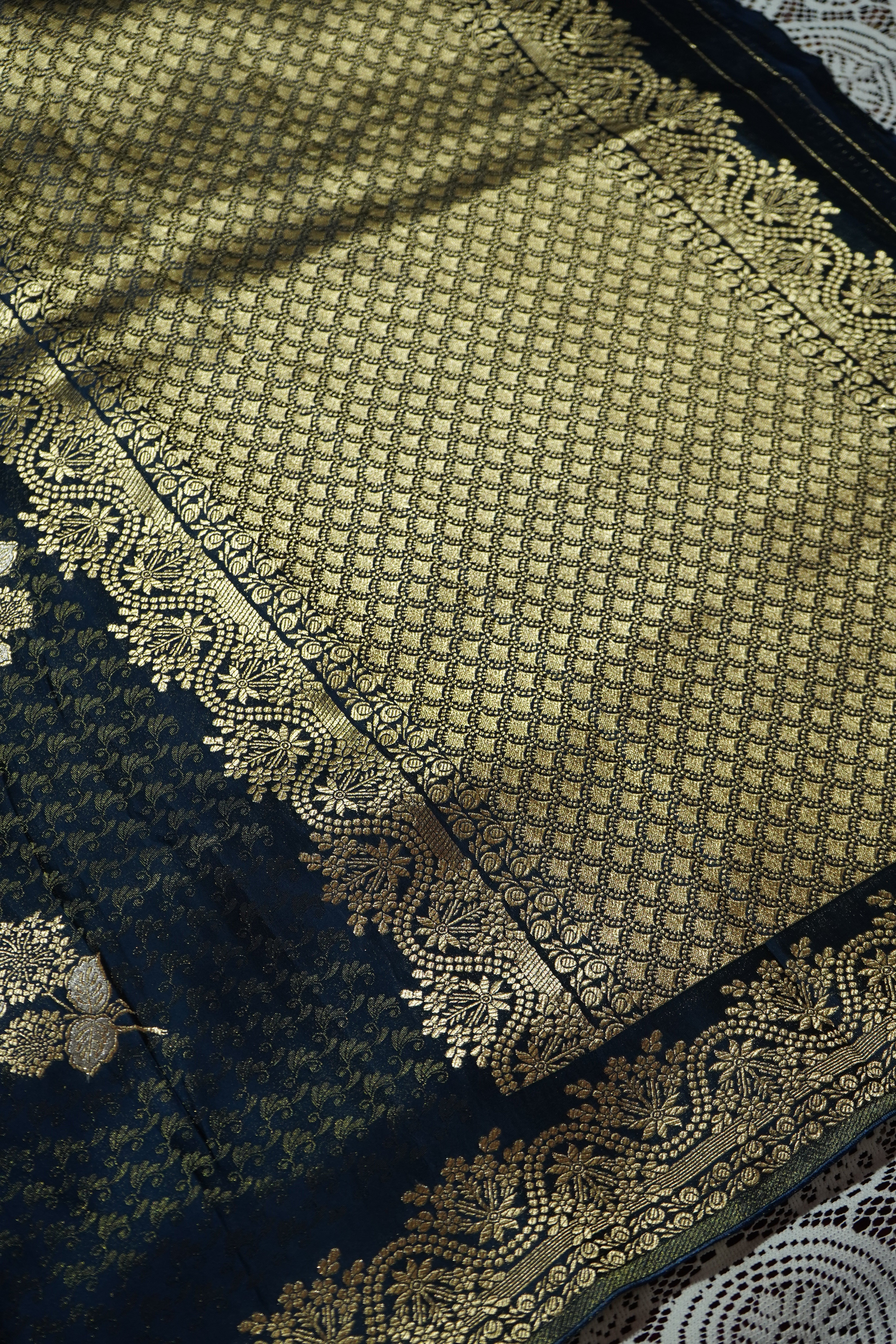 Midnight Navy Blue Tissue Katan Silk Saree with Champagne Gold Border