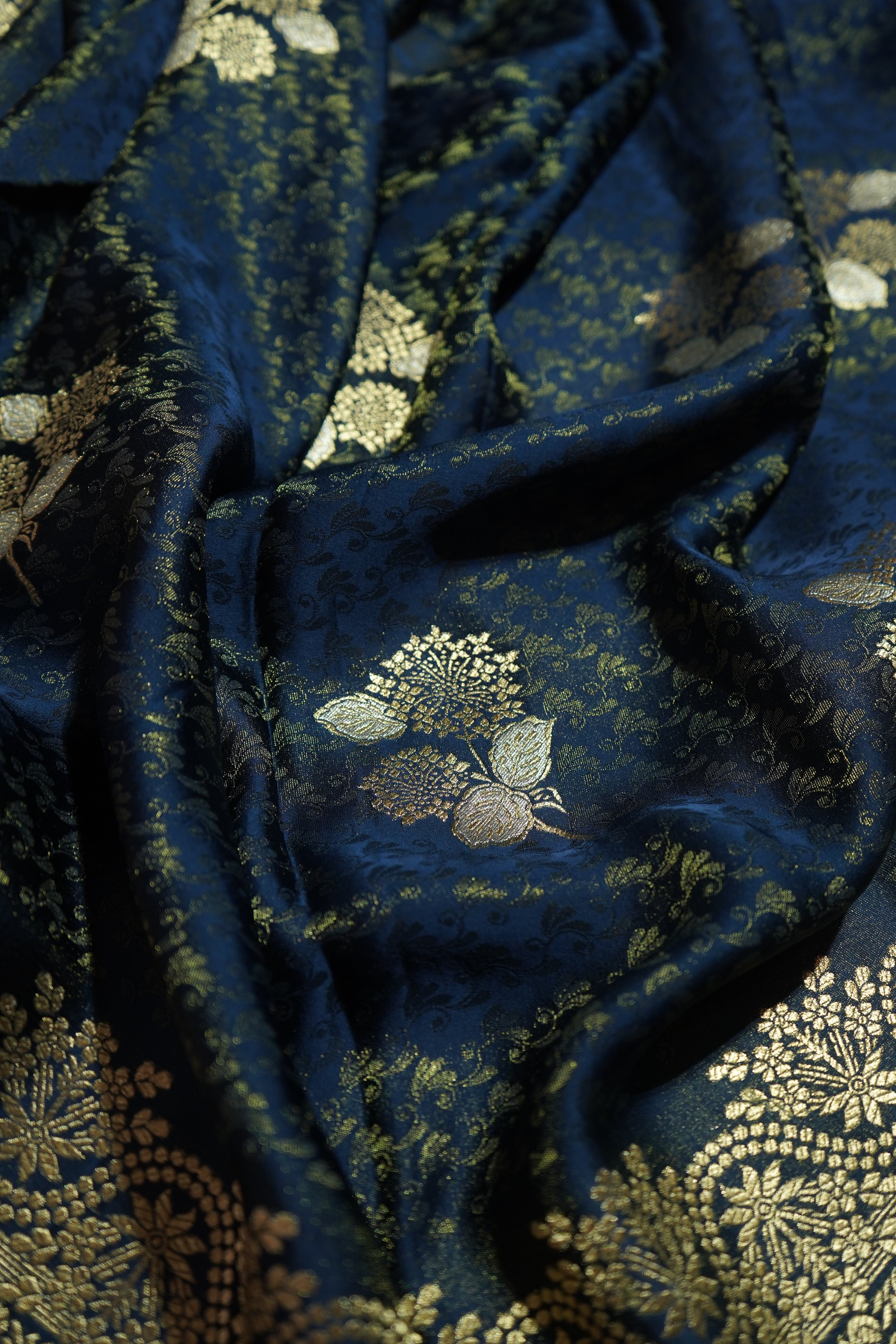 Midnight Navy Blue Tissue Katan Silk Saree with Champagne Gold Border