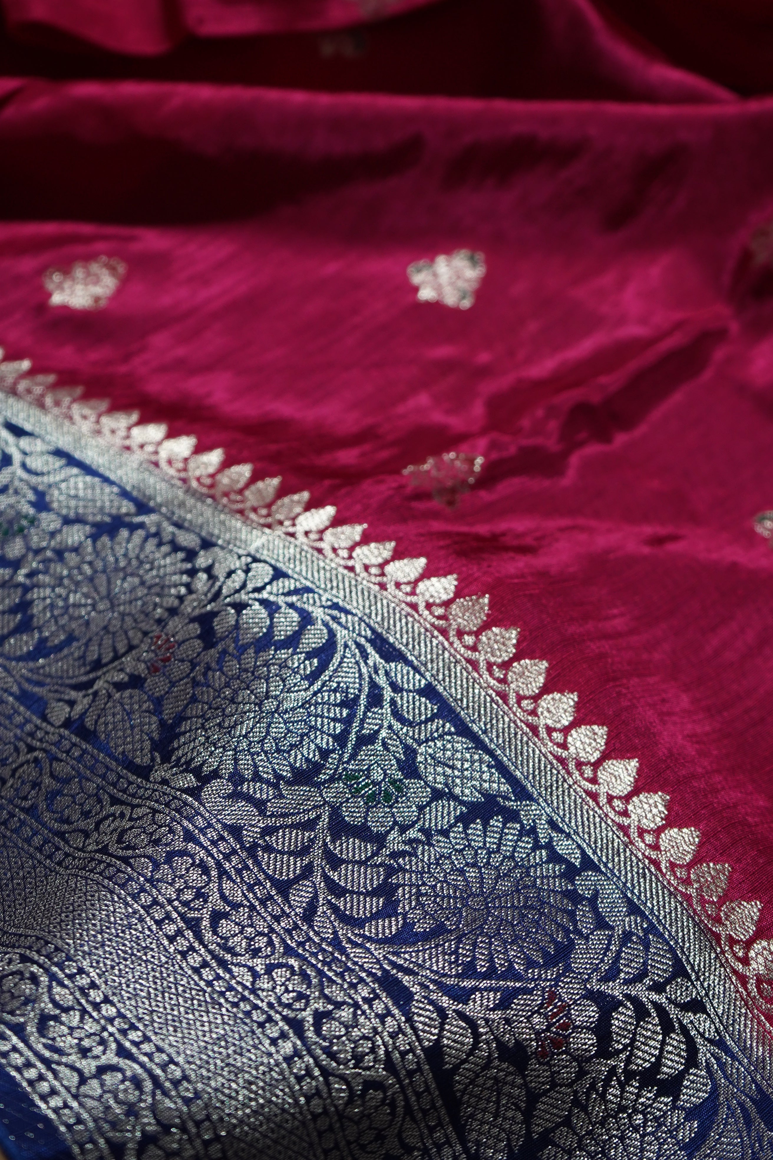 Fuchsia Pink Mashru Katan Silk Saree with Royal Blue Border and Silver Detailing