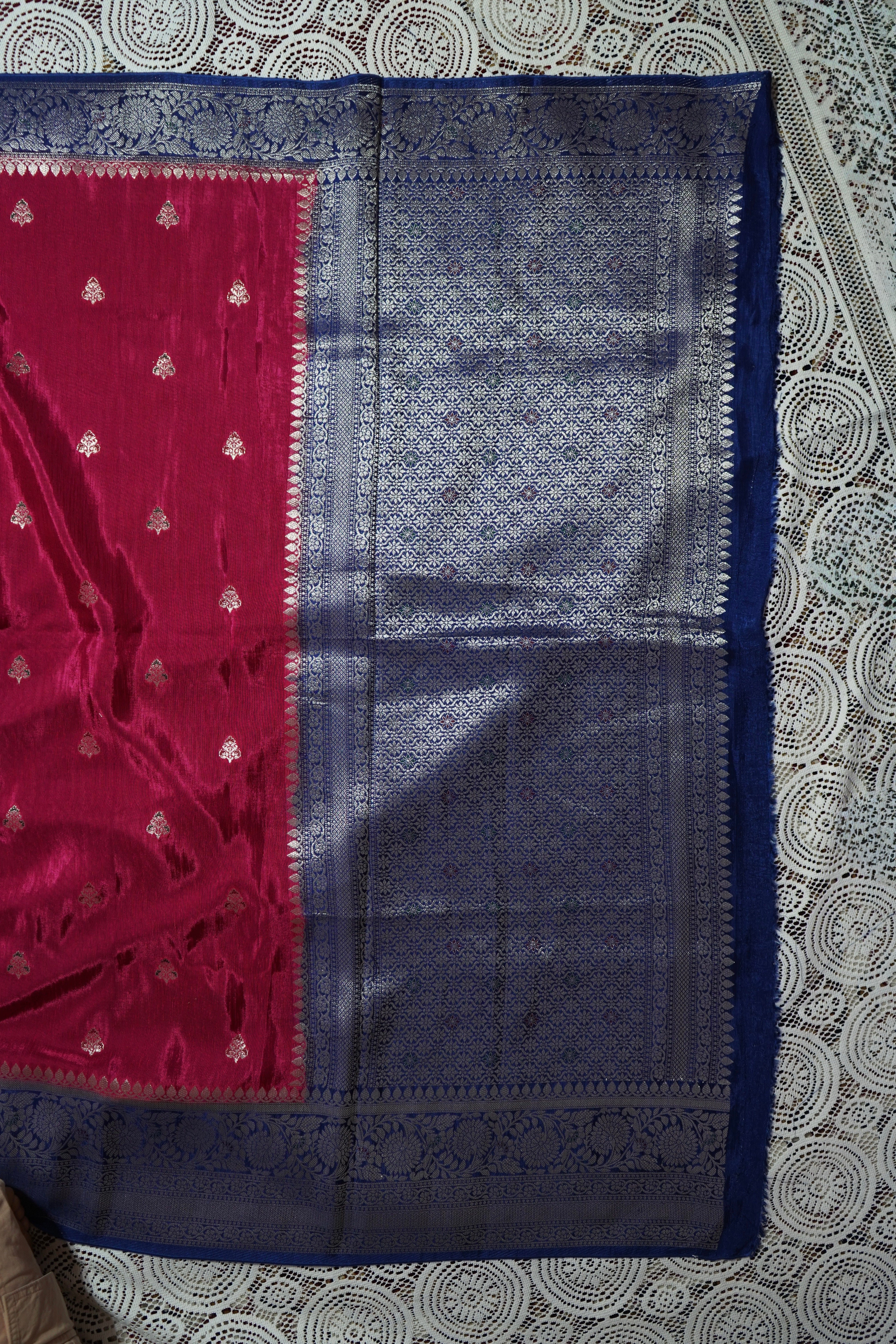 Fuchsia Pink Mashru Katan Silk Saree with Royal Blue Border and Silver Detailing