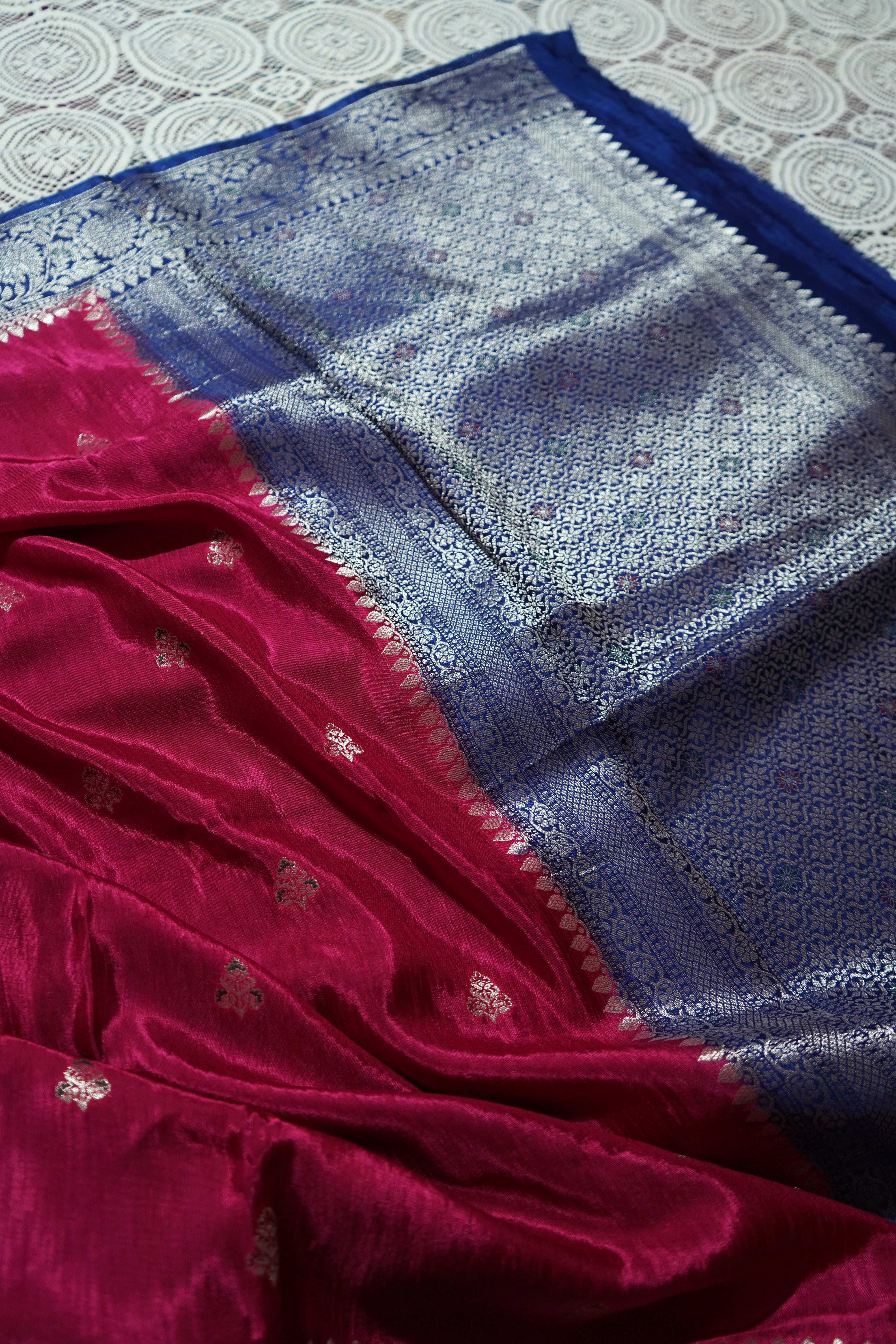 Fuchsia Pink Mashru Katan Silk Saree with Royal Blue Border and Silver Detailing