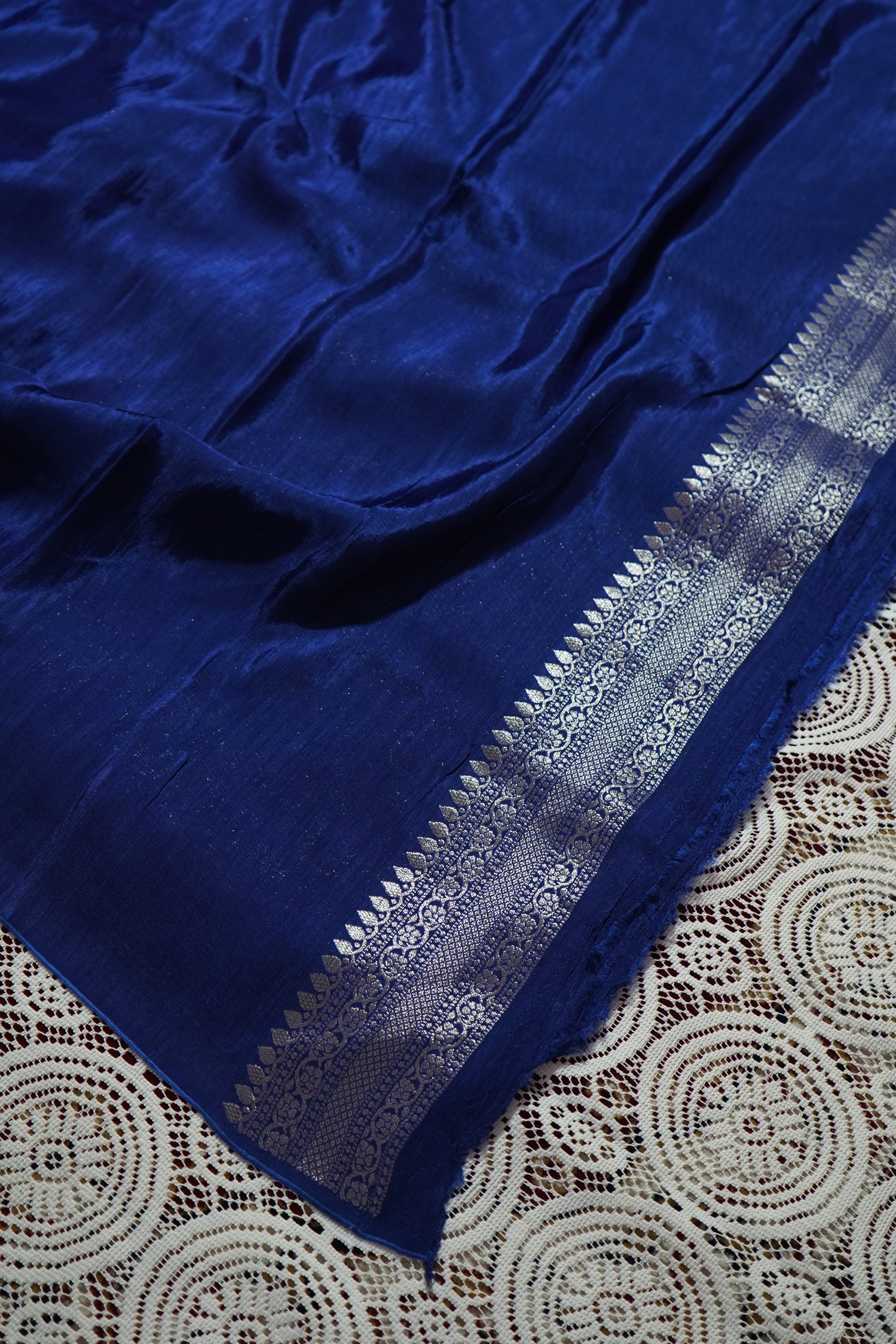 Fuchsia Pink Mashru Katan Silk Saree with Royal Blue Border and Silver Detailing