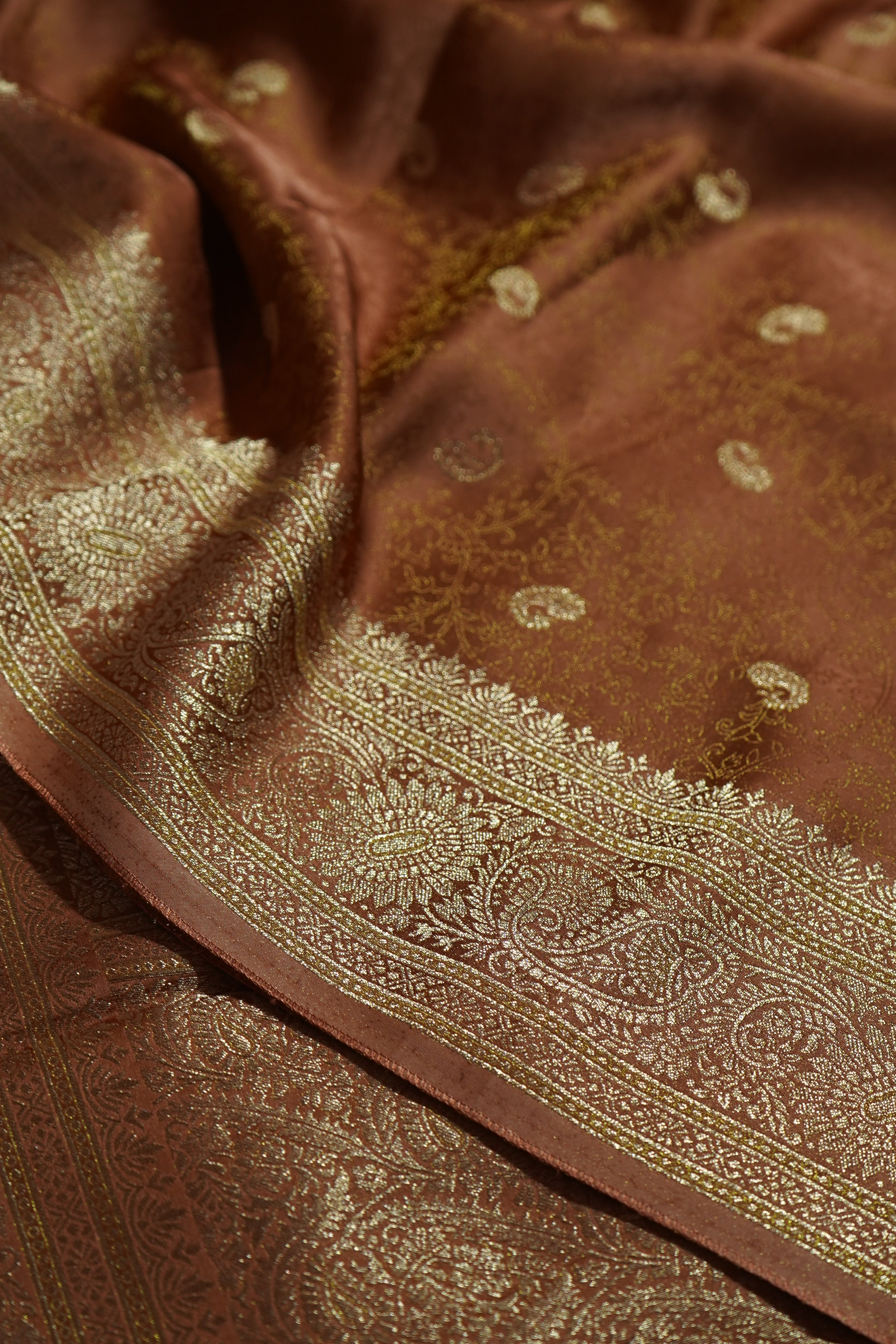 Caramel Bronze Tissue Katan Silk Saree with Champagne Gold Border