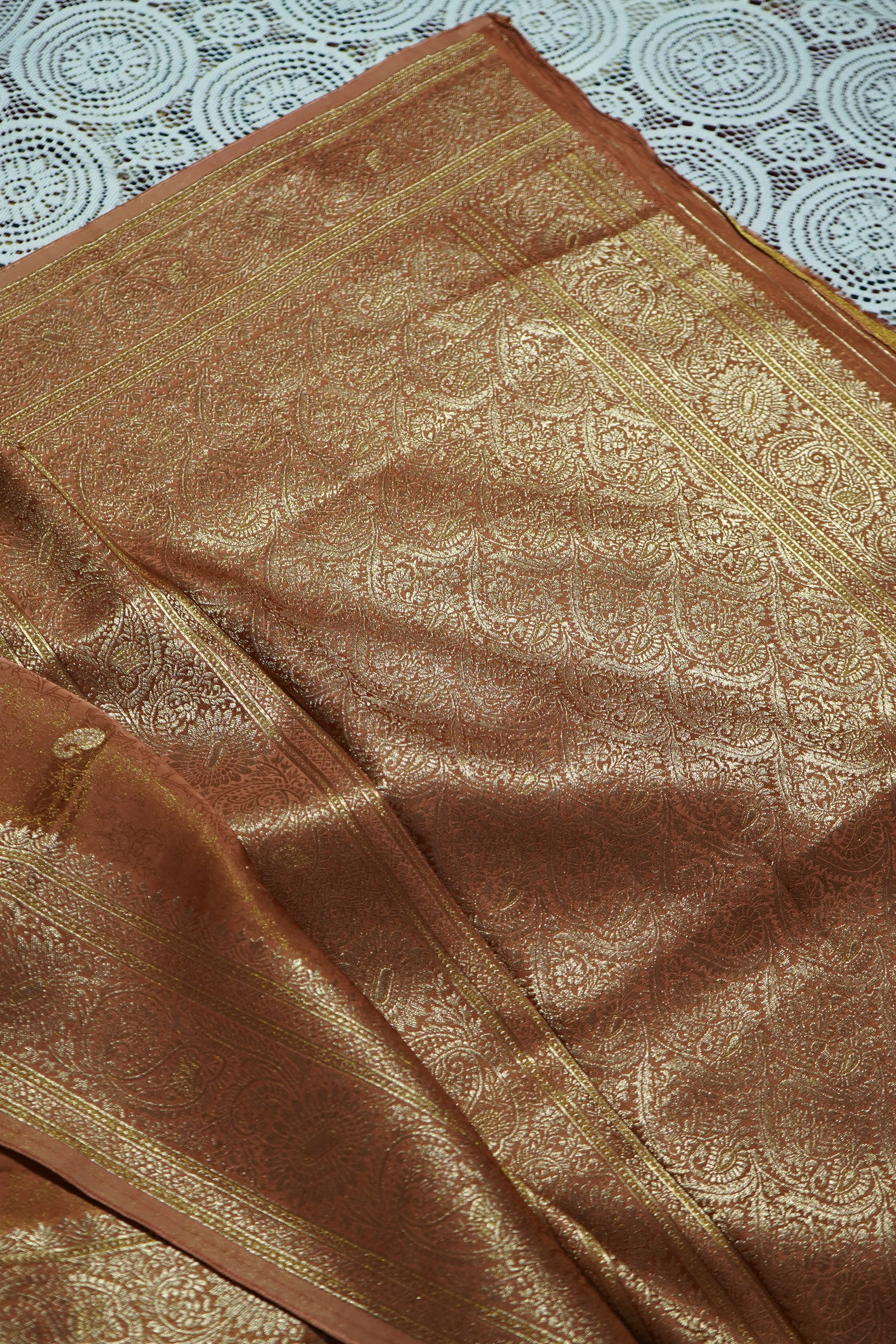 Caramel Bronze Tissue Katan Silk Saree with Champagne Gold Border