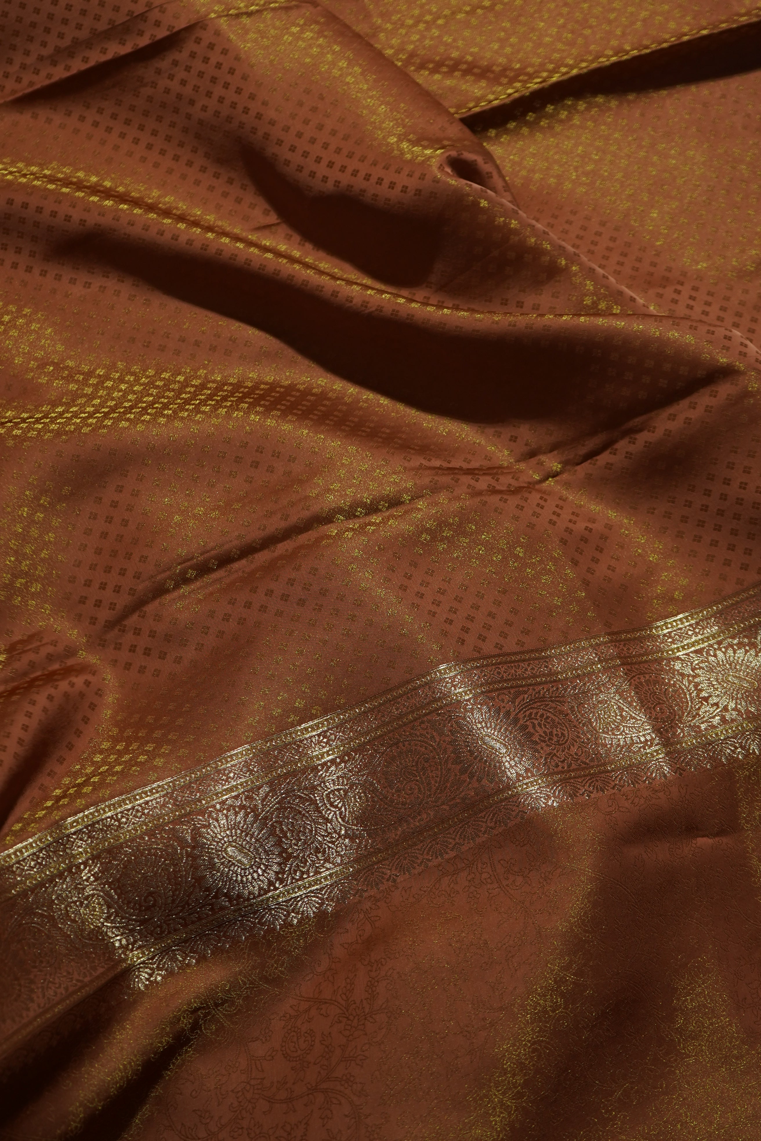 Caramel Bronze Tissue Katan Silk Saree with Champagne Gold Border