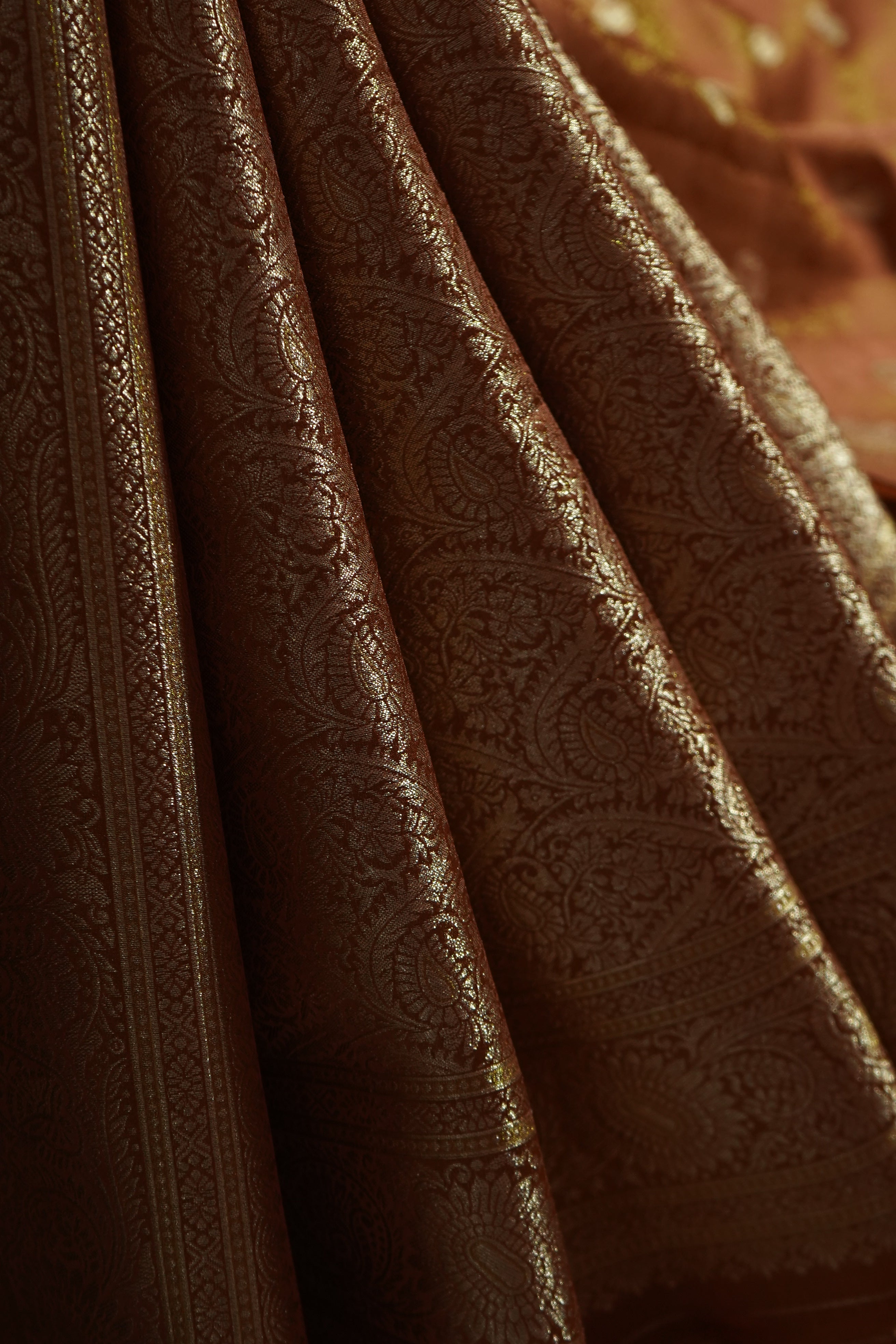 Caramel Bronze Tissue Katan Silk Saree with Champagne Gold Border