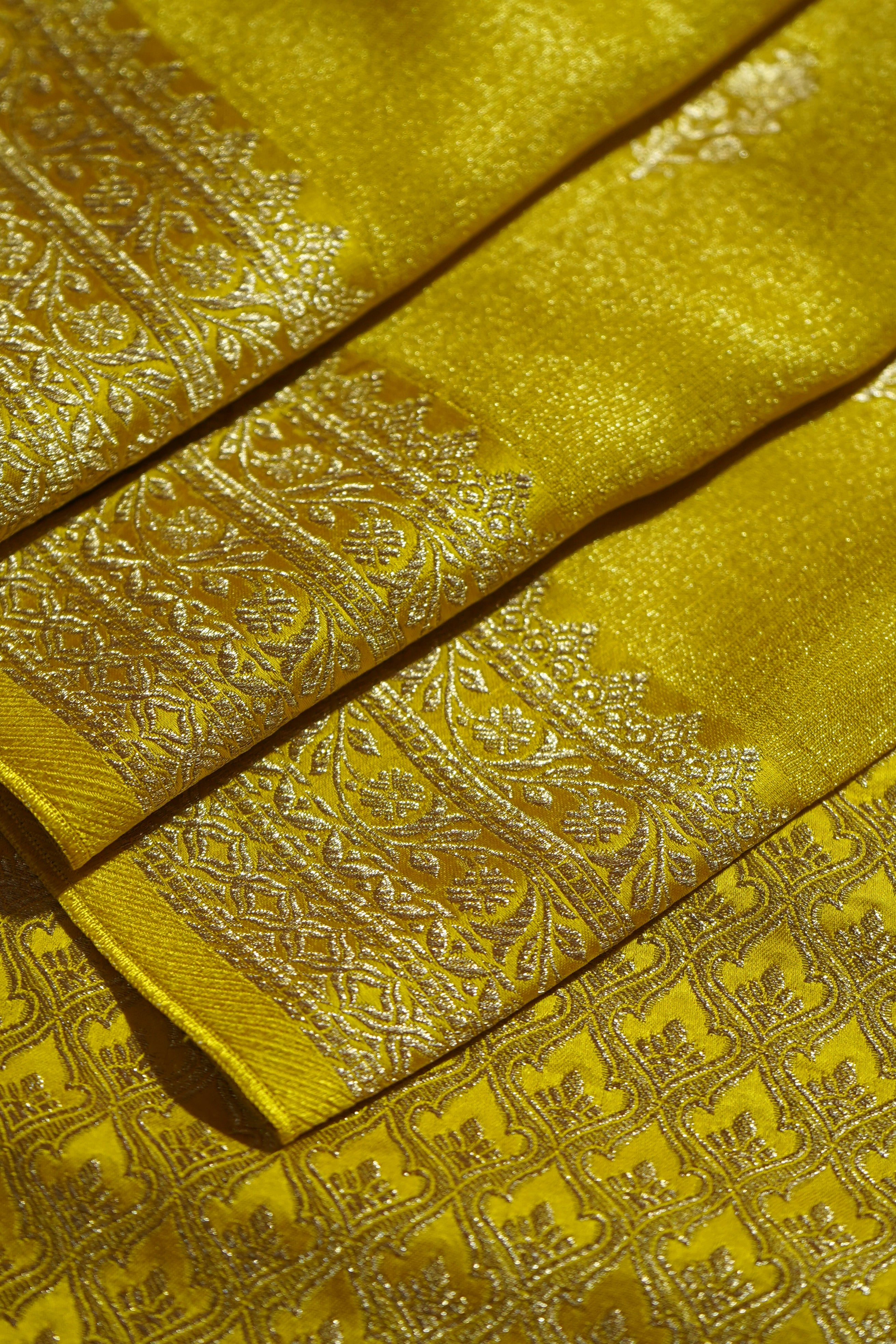 Golden Yellow Tissue Katan Silk Saree with Champagne Gold Border