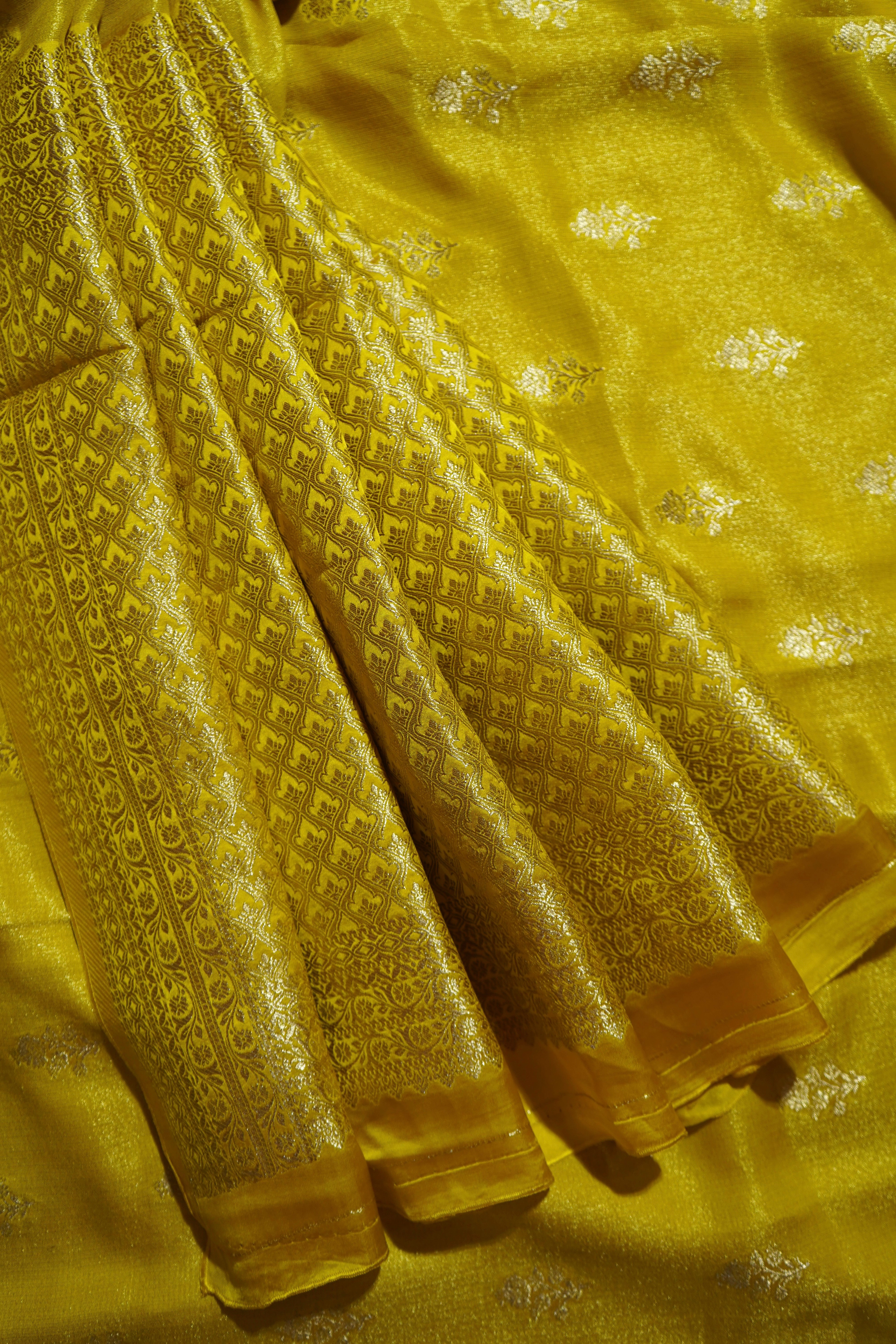 Golden Yellow Tissue Katan Silk Saree with Champagne Gold Border