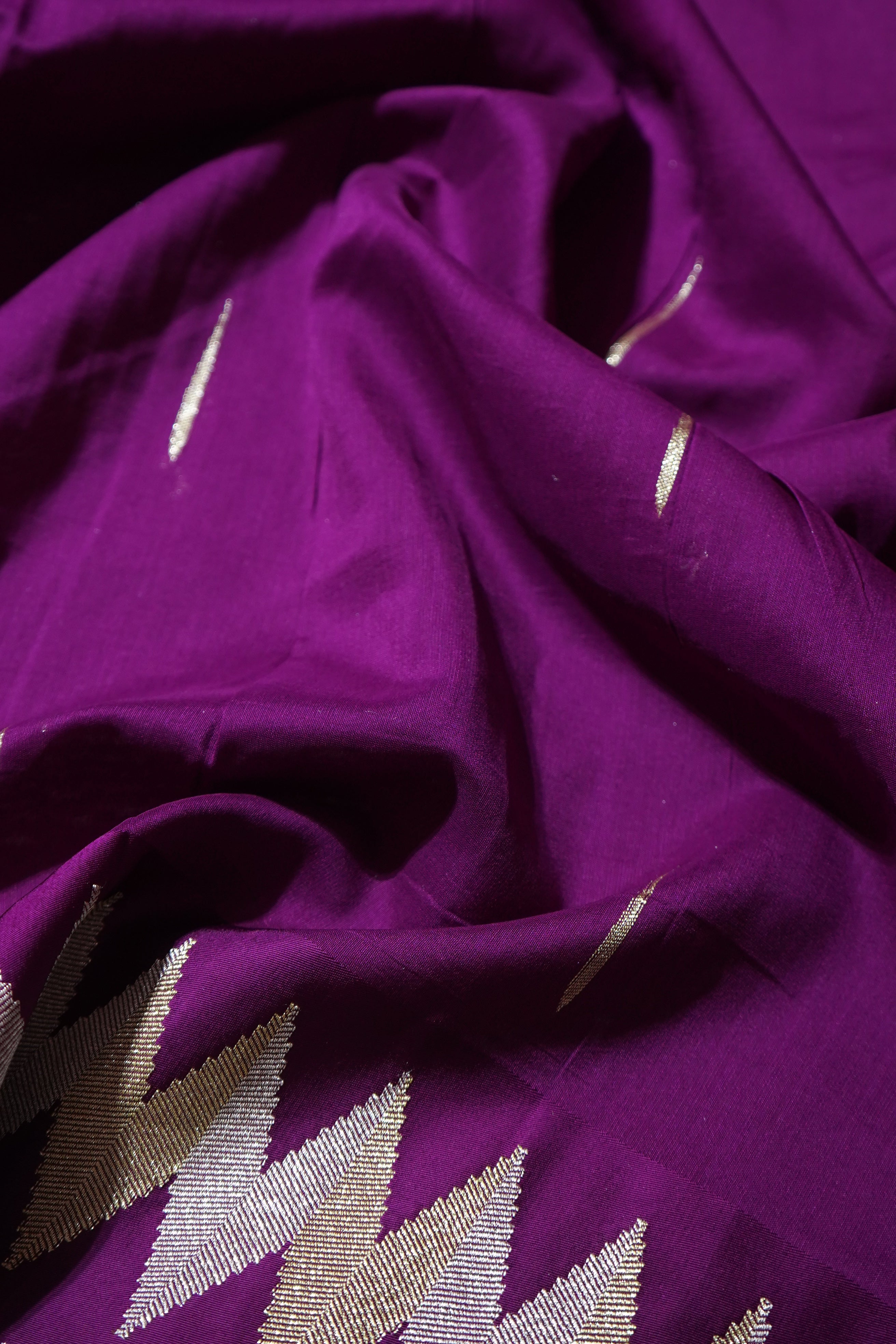 Berry Purple Mul Cotton Banarasi Saree with Gold and Silver Weave