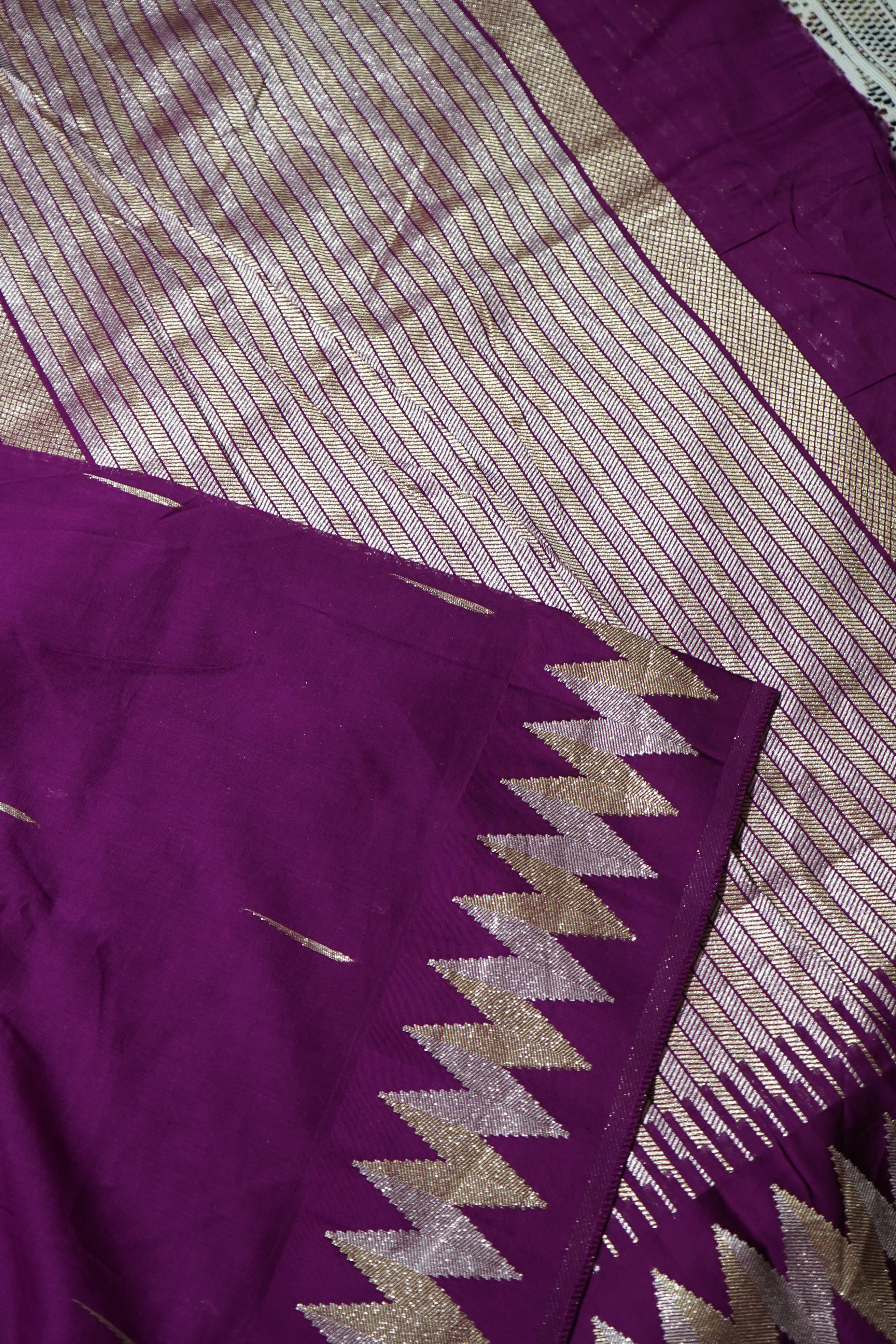 Berry Purple Mul Cotton Banarasi Saree with Gold and Silver Weave