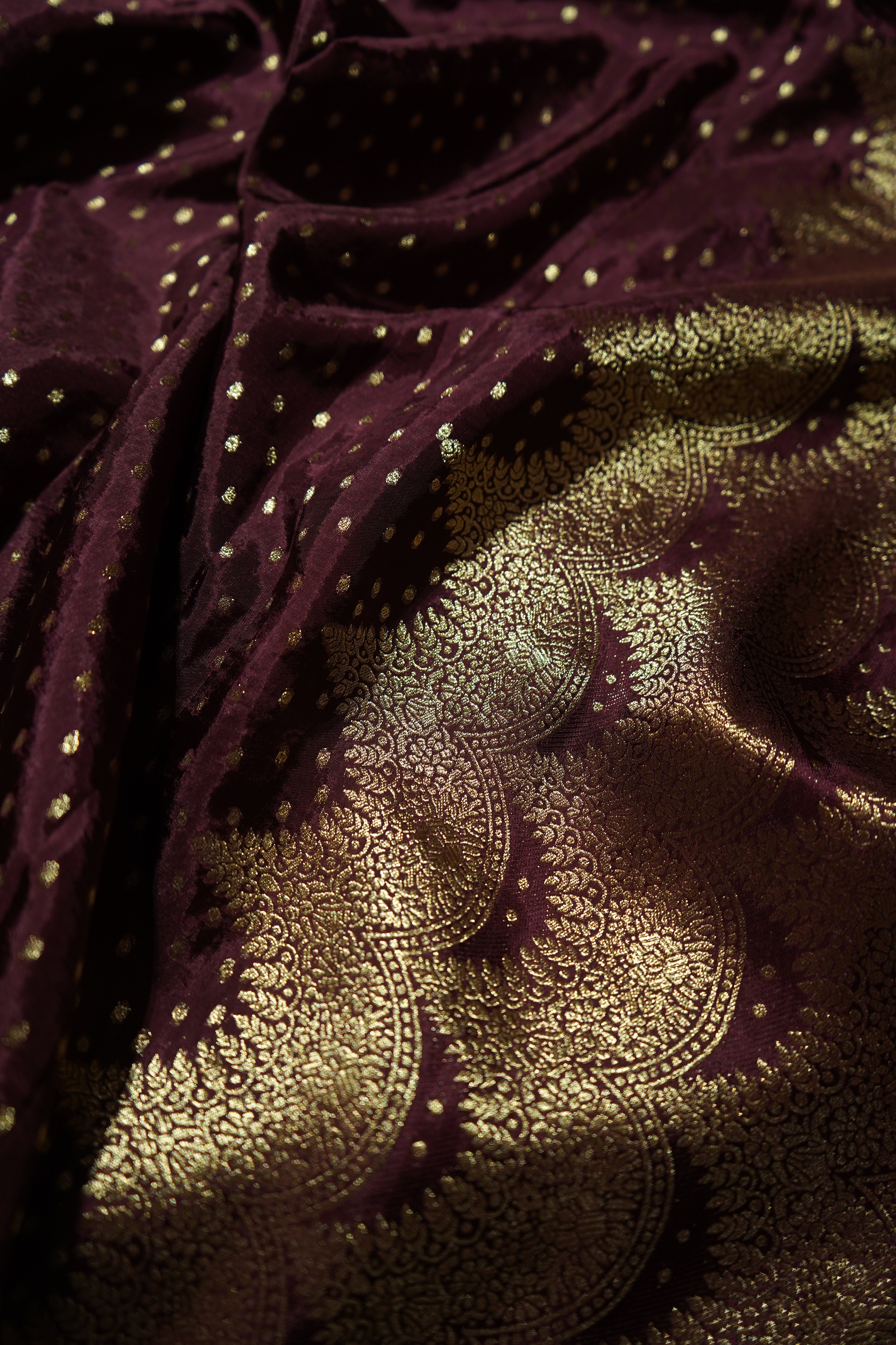 Burgundy Maroon Muslin Silk Saree with Champagne Gold Border