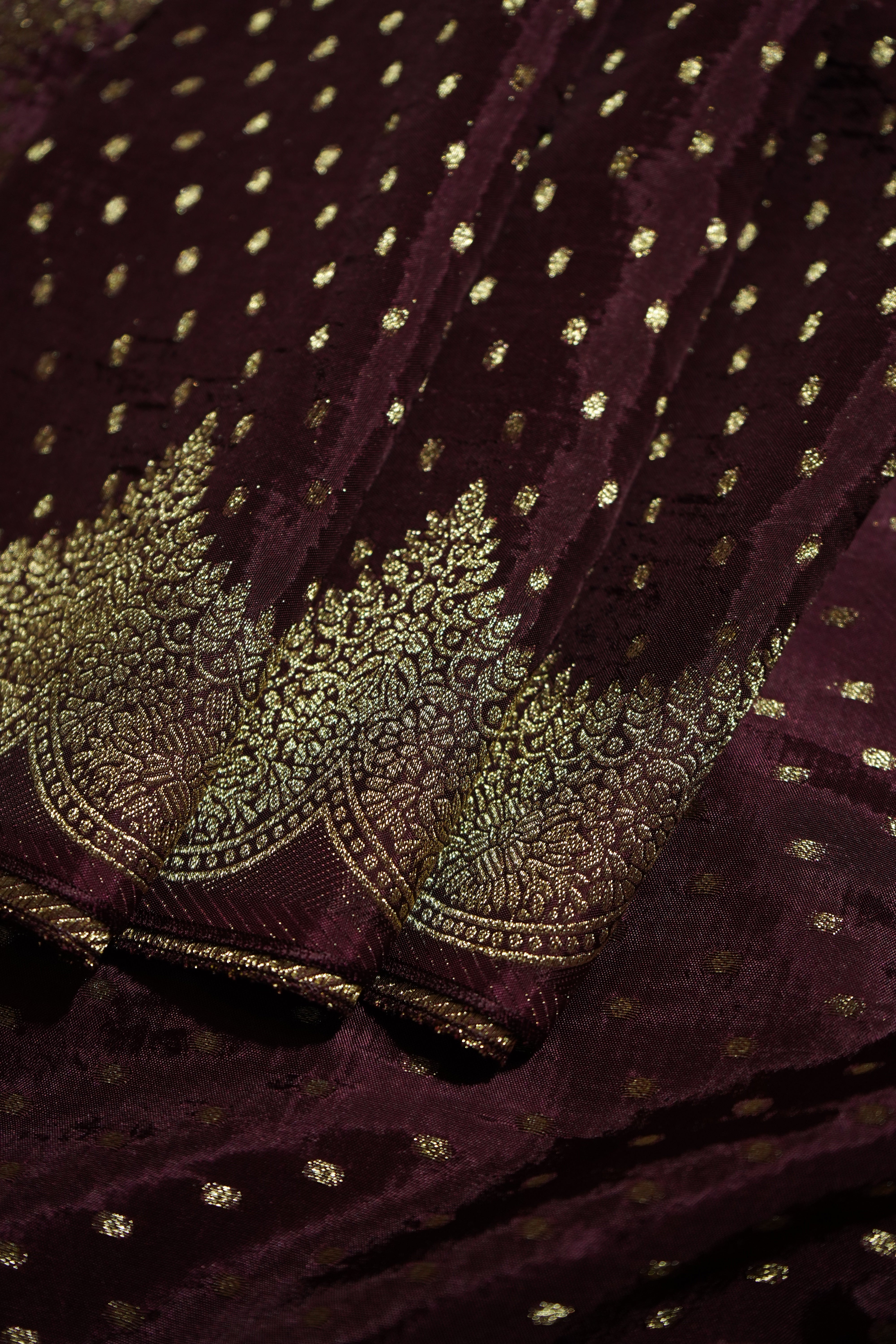 Burgundy Maroon Muslin Silk Saree with Champagne Gold Border