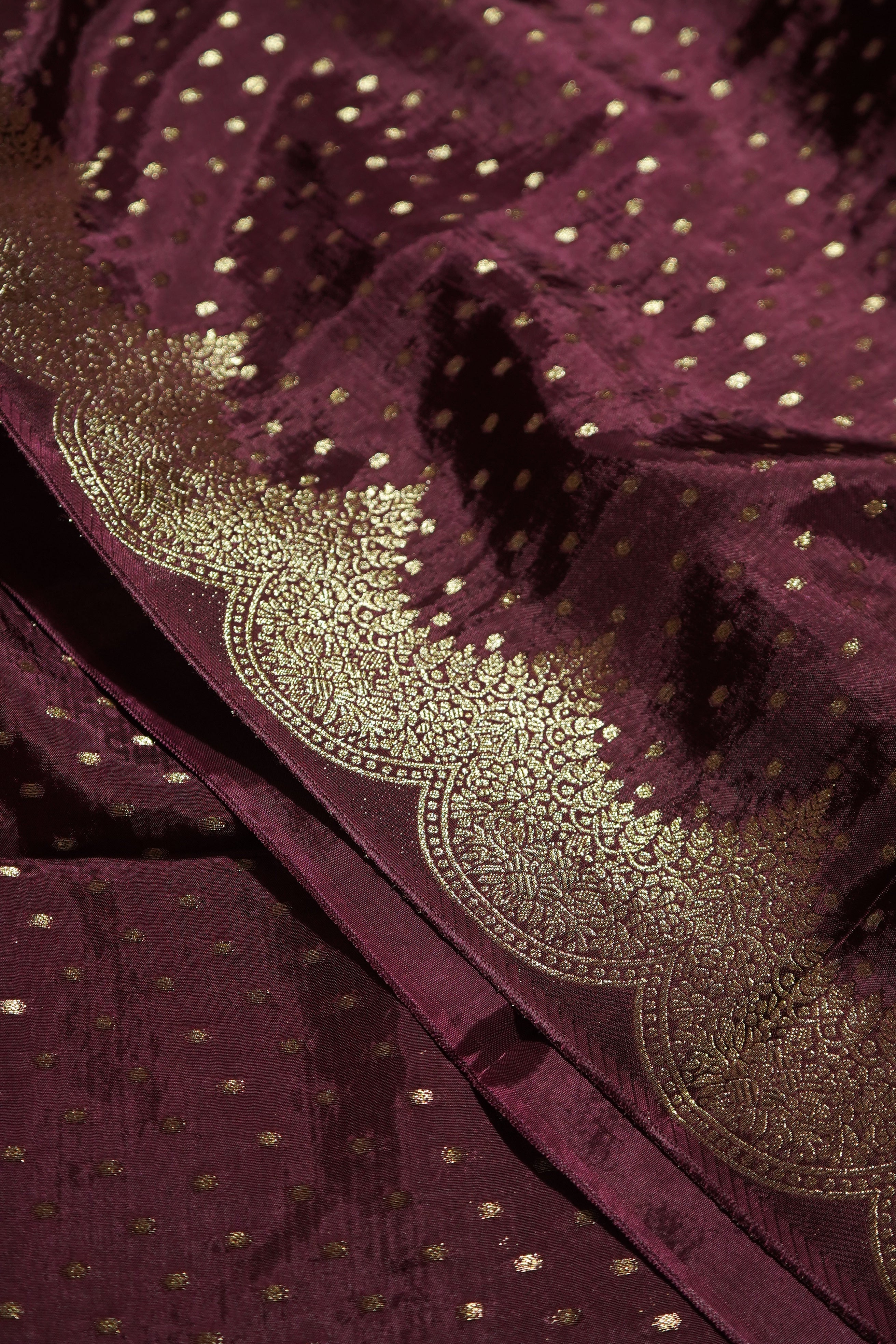 Burgundy Maroon Muslin Silk Saree with Champagne Gold Border