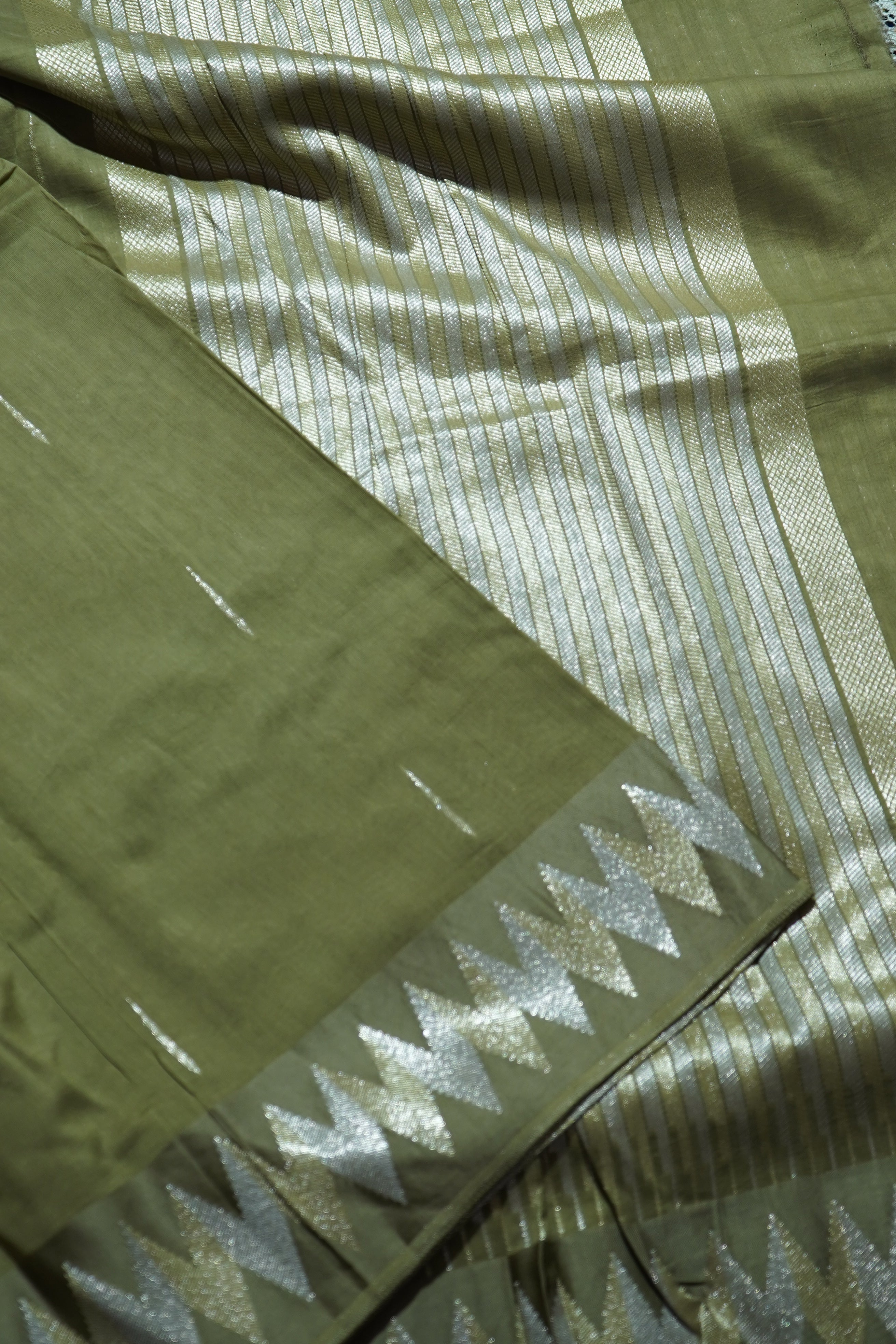 Dusty Olive Green Mul Cotton Banarasi Saree with Gold and Silver Weave