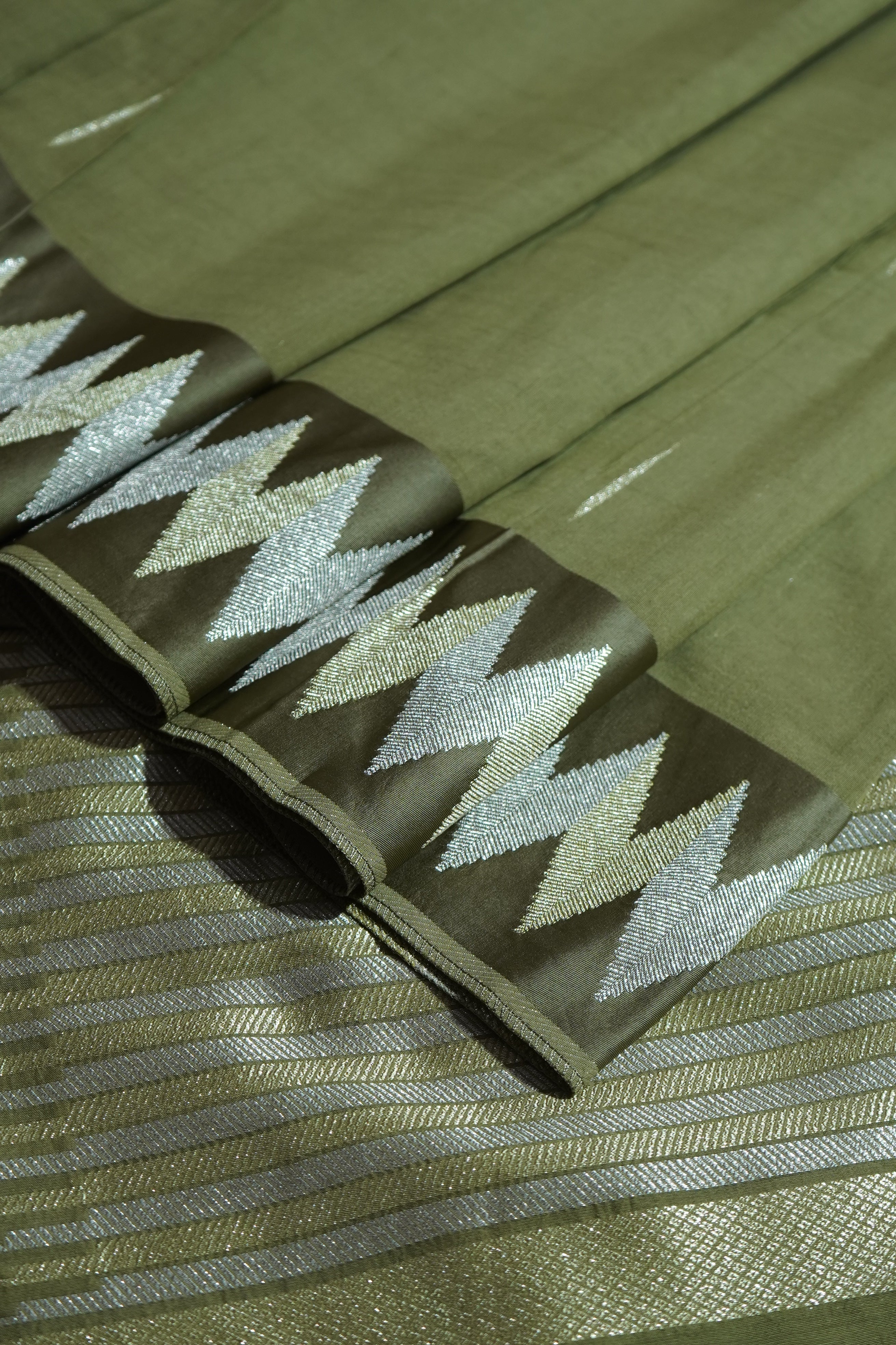 Dusty Olive Green Mul Cotton Banarasi Saree with Gold and Silver Weave