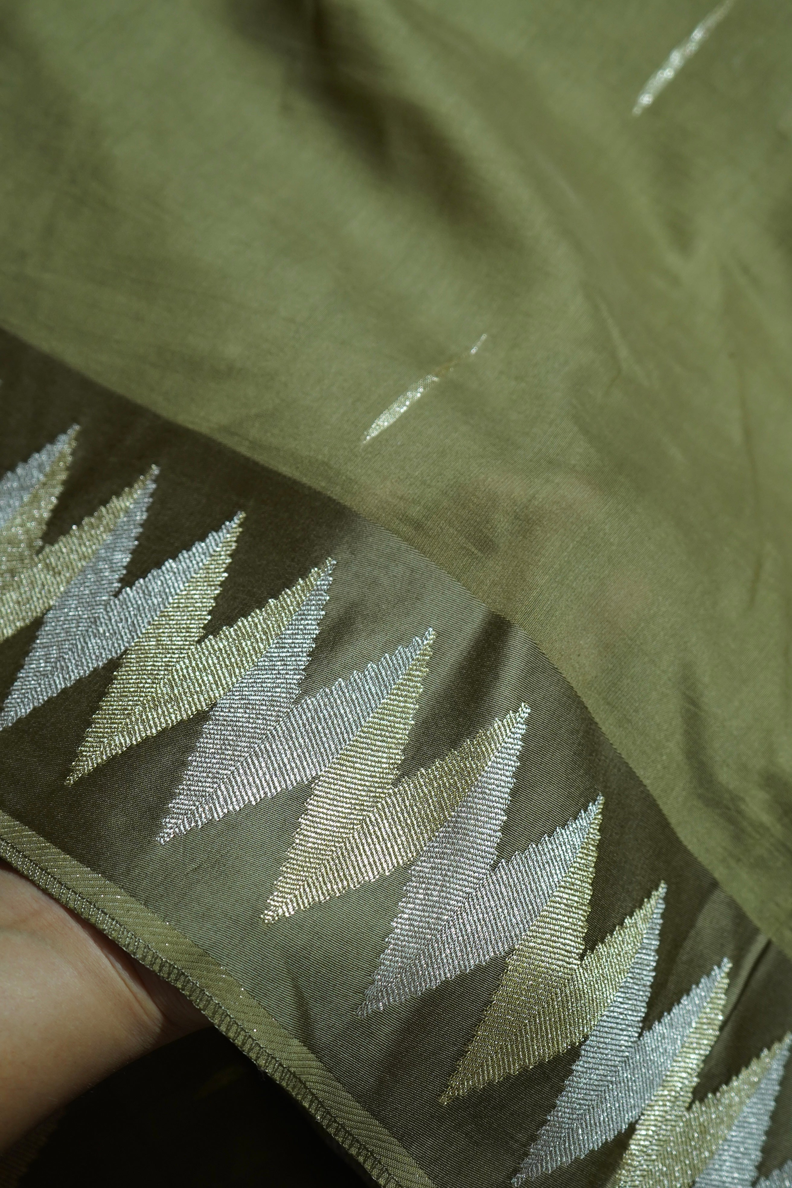 Dusty Olive Green Mul Cotton Banarasi Saree with Gold and Silver Weave