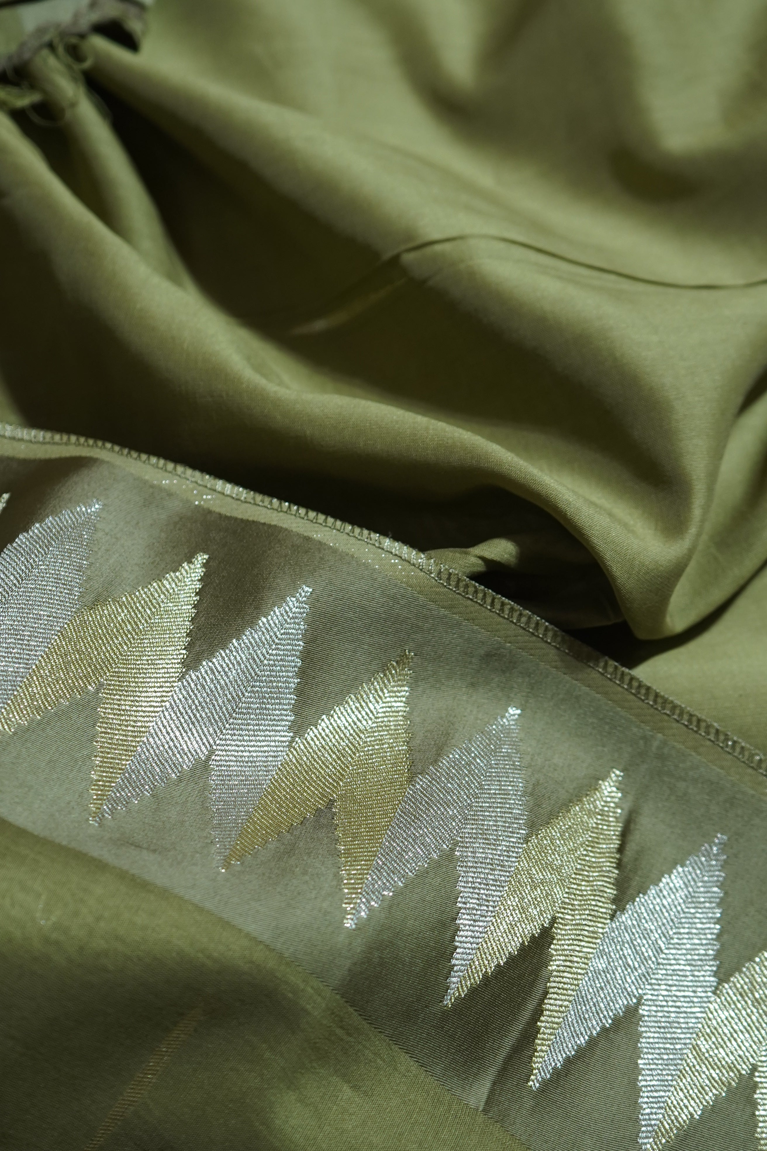 Dusty Olive Green Mul Cotton Banarasi Saree with Gold and Silver Weave