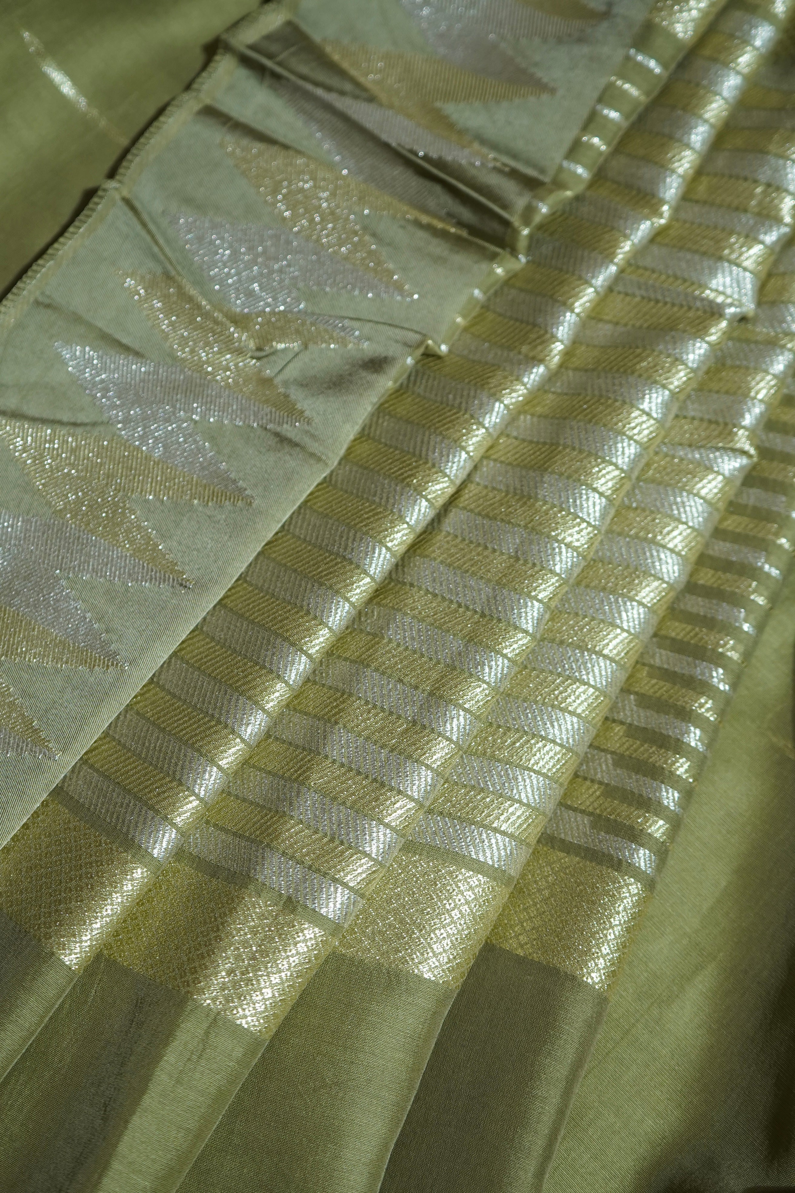 Dusty Olive Green Mul Cotton Banarasi Saree with Gold and Silver Weave