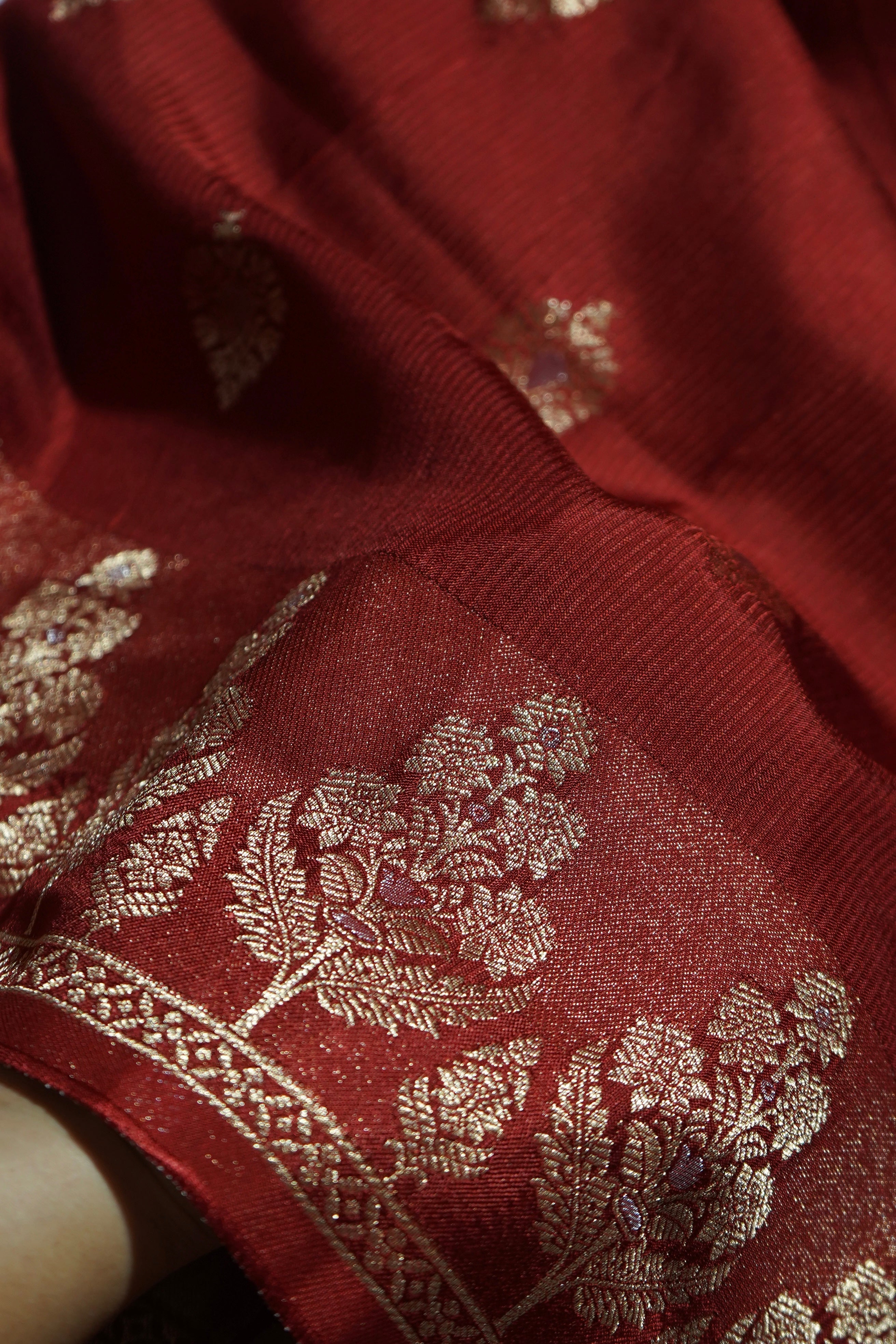 Dark Cherry Red Mashru Silk Saree with Champagne Gold Border