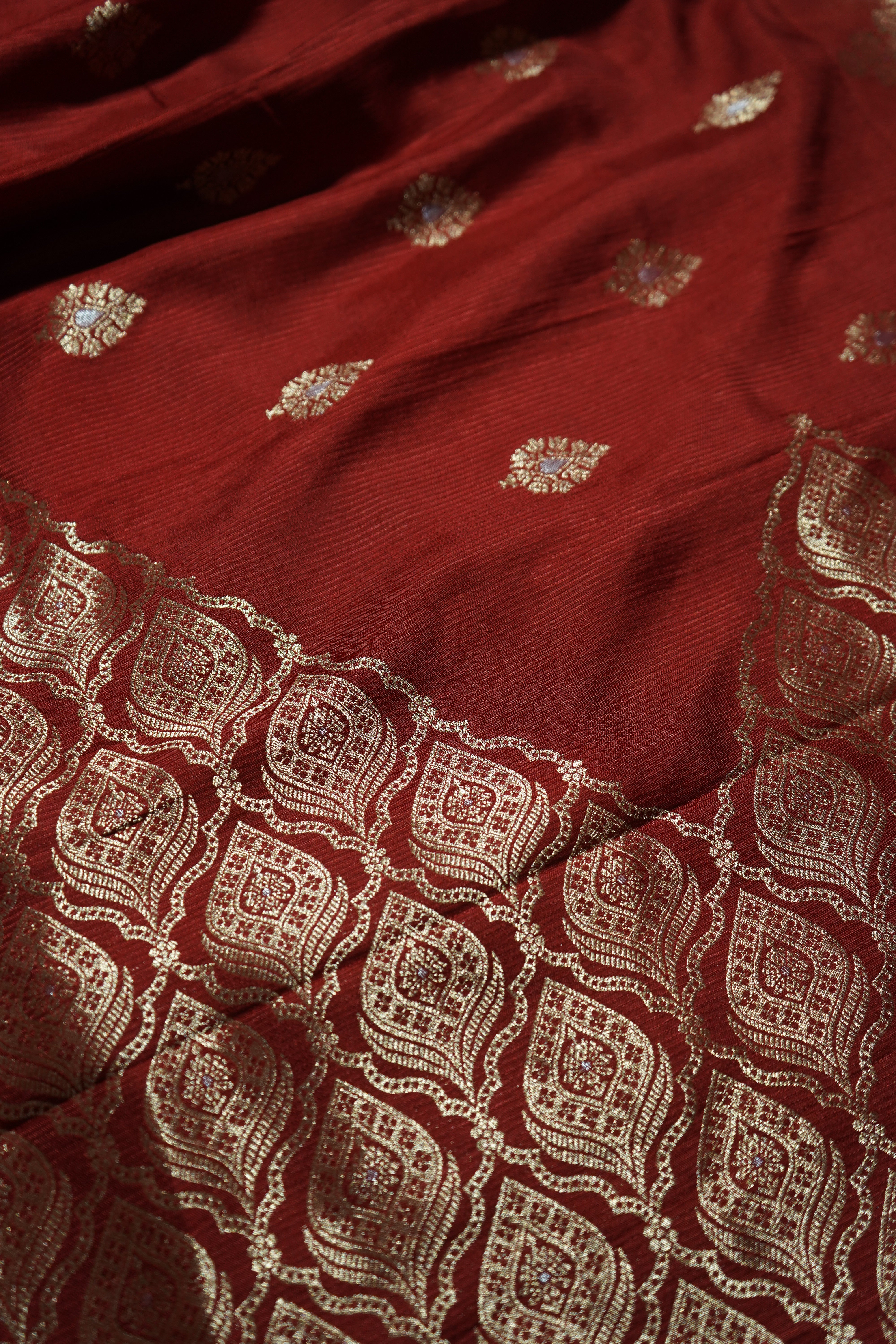 Dark Cherry Red Mashru Silk Saree with Champagne Gold Border