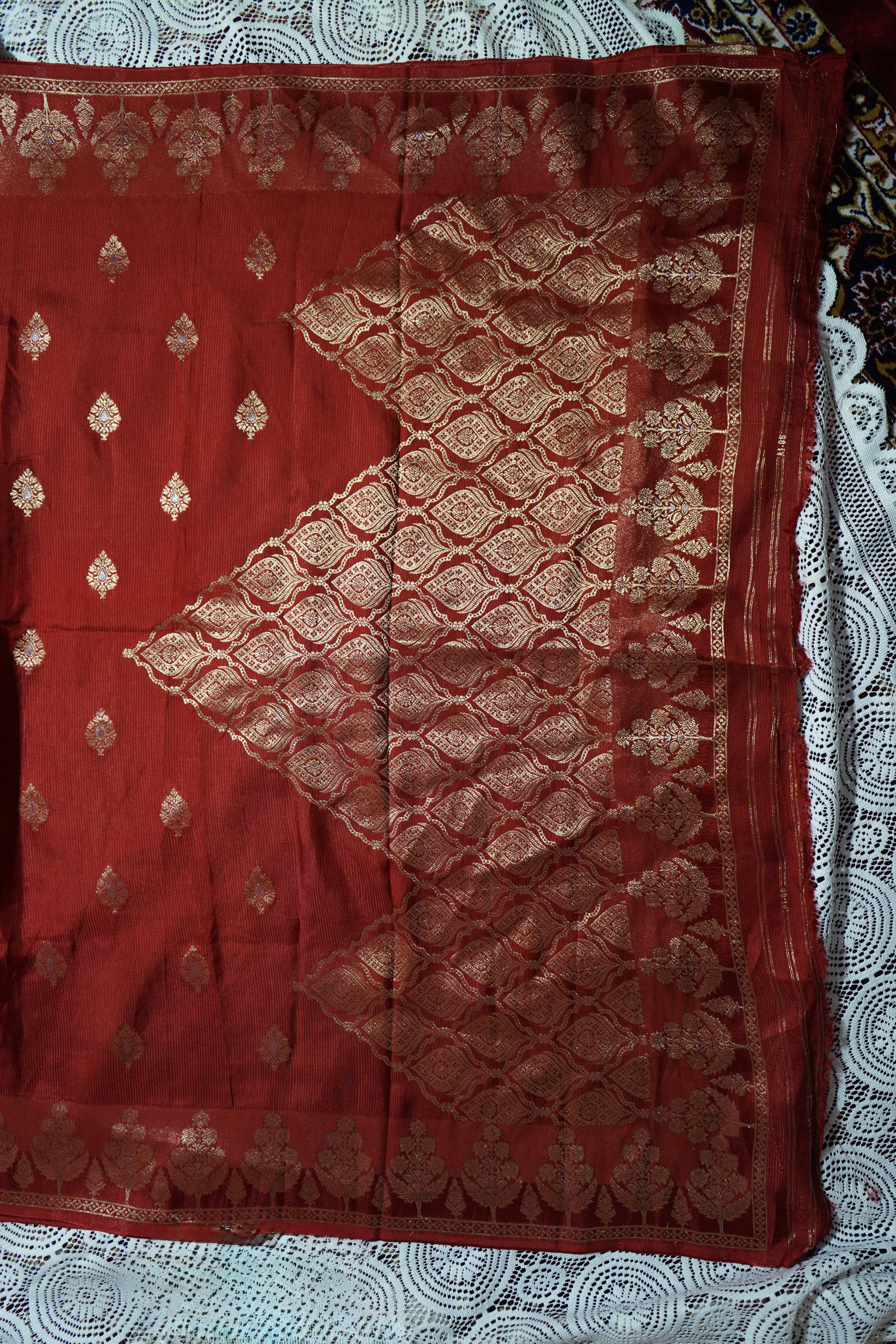 Dark Cherry Red Mashru Silk Saree with Champagne Gold Border