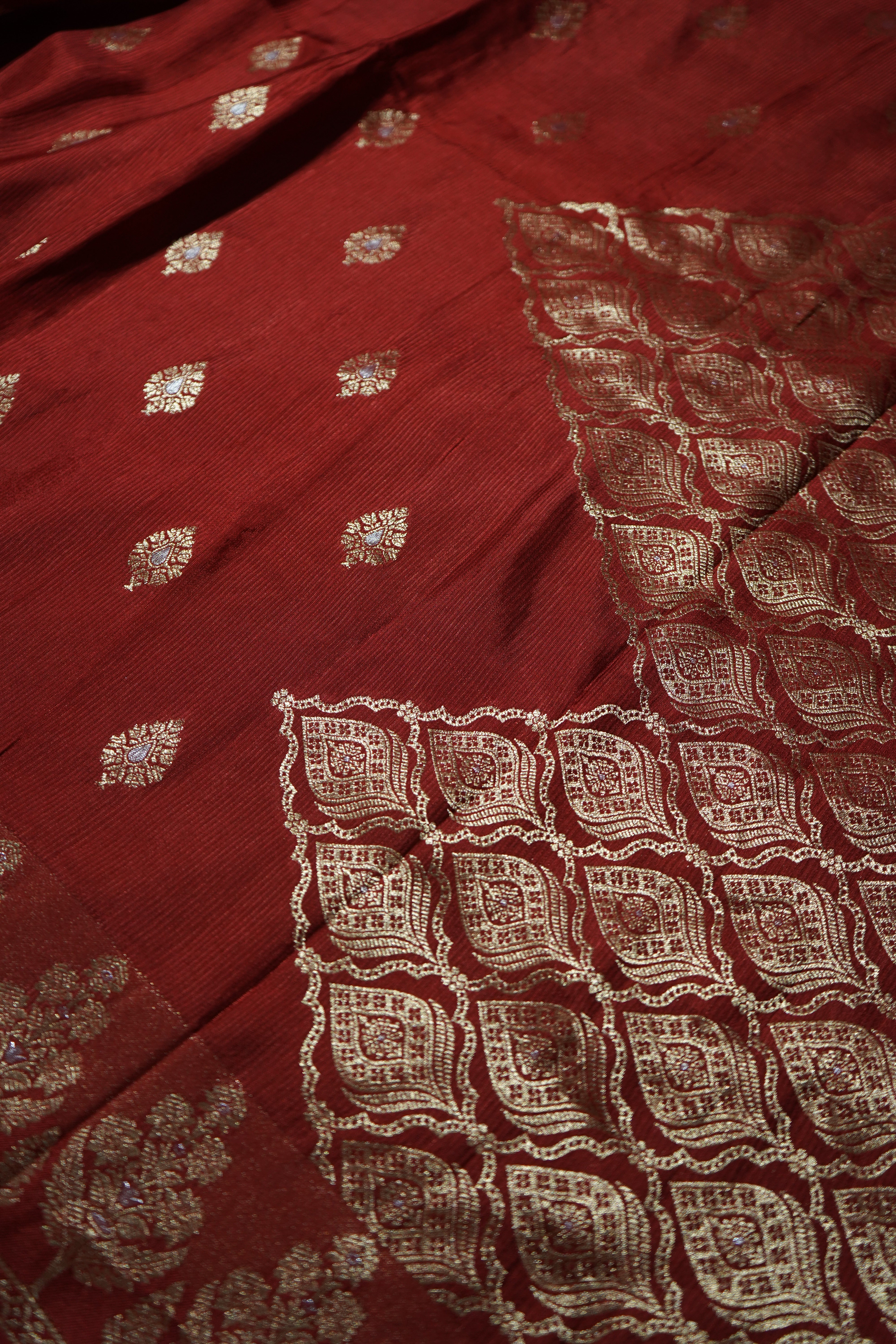 Dark Cherry Red Mashru Silk Saree with Champagne Gold Border