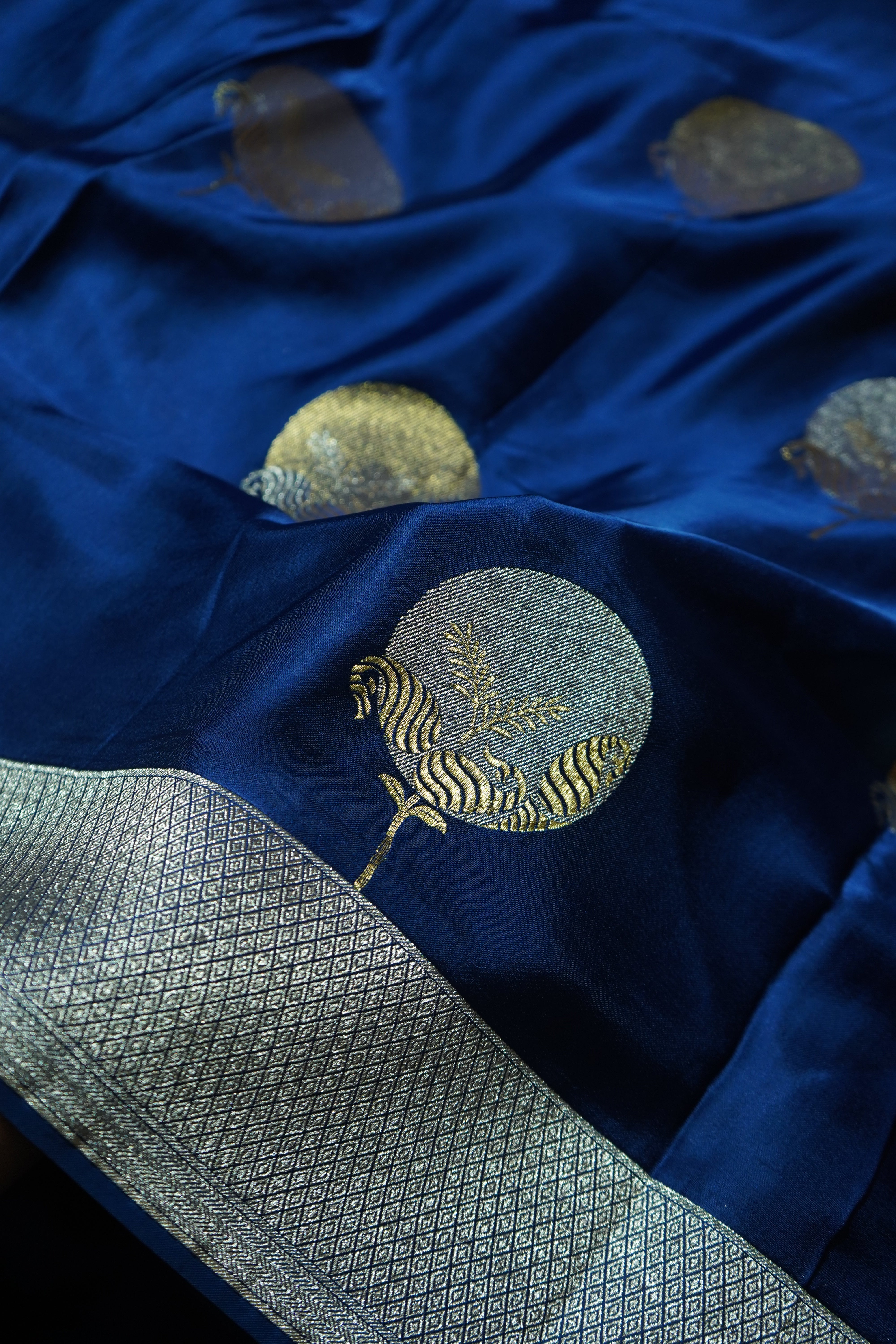 Electric Blue Mashru Silk Saree with Champagne Border