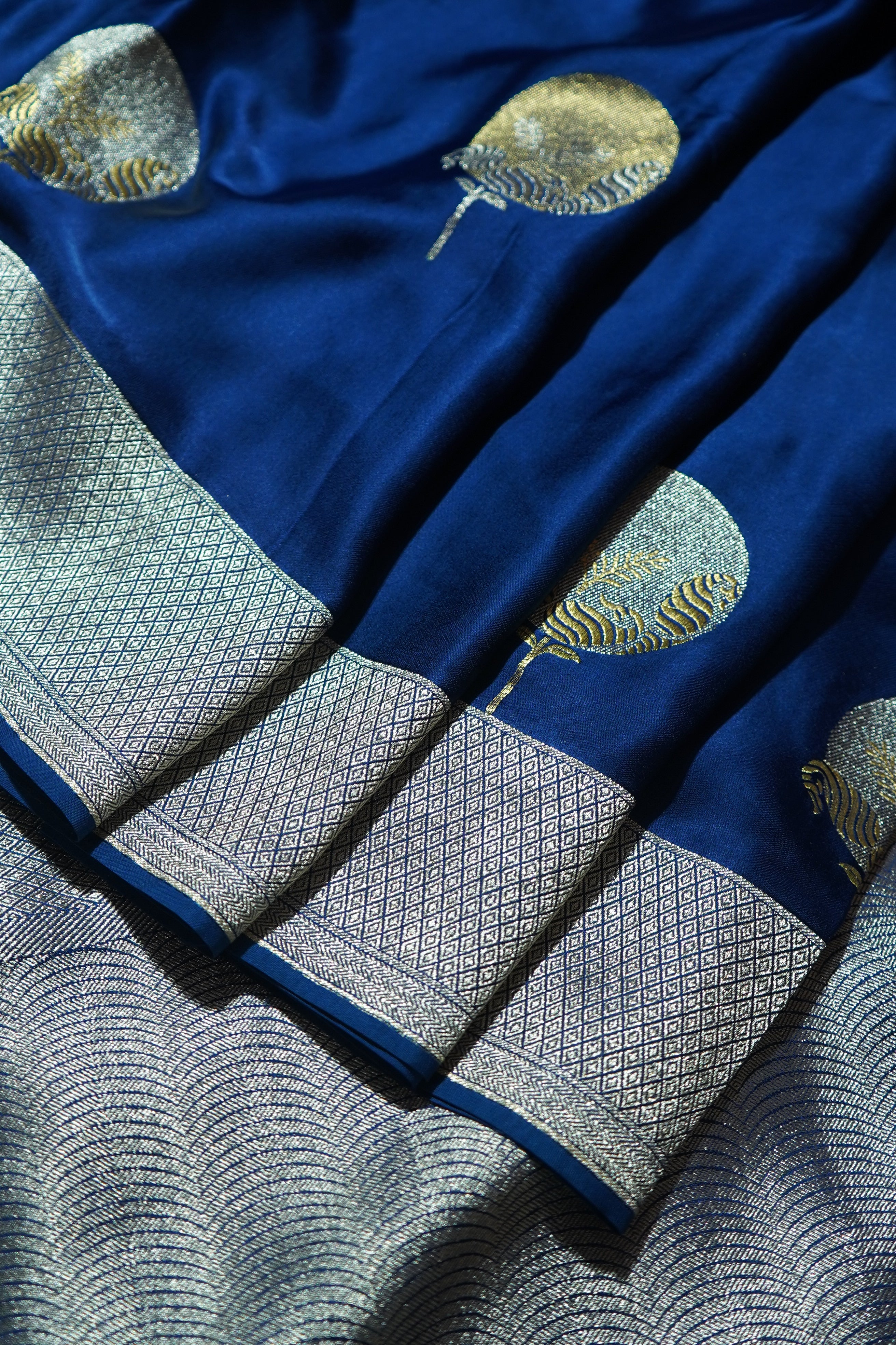 Electric Blue Mashru Silk Saree with Champagne Border