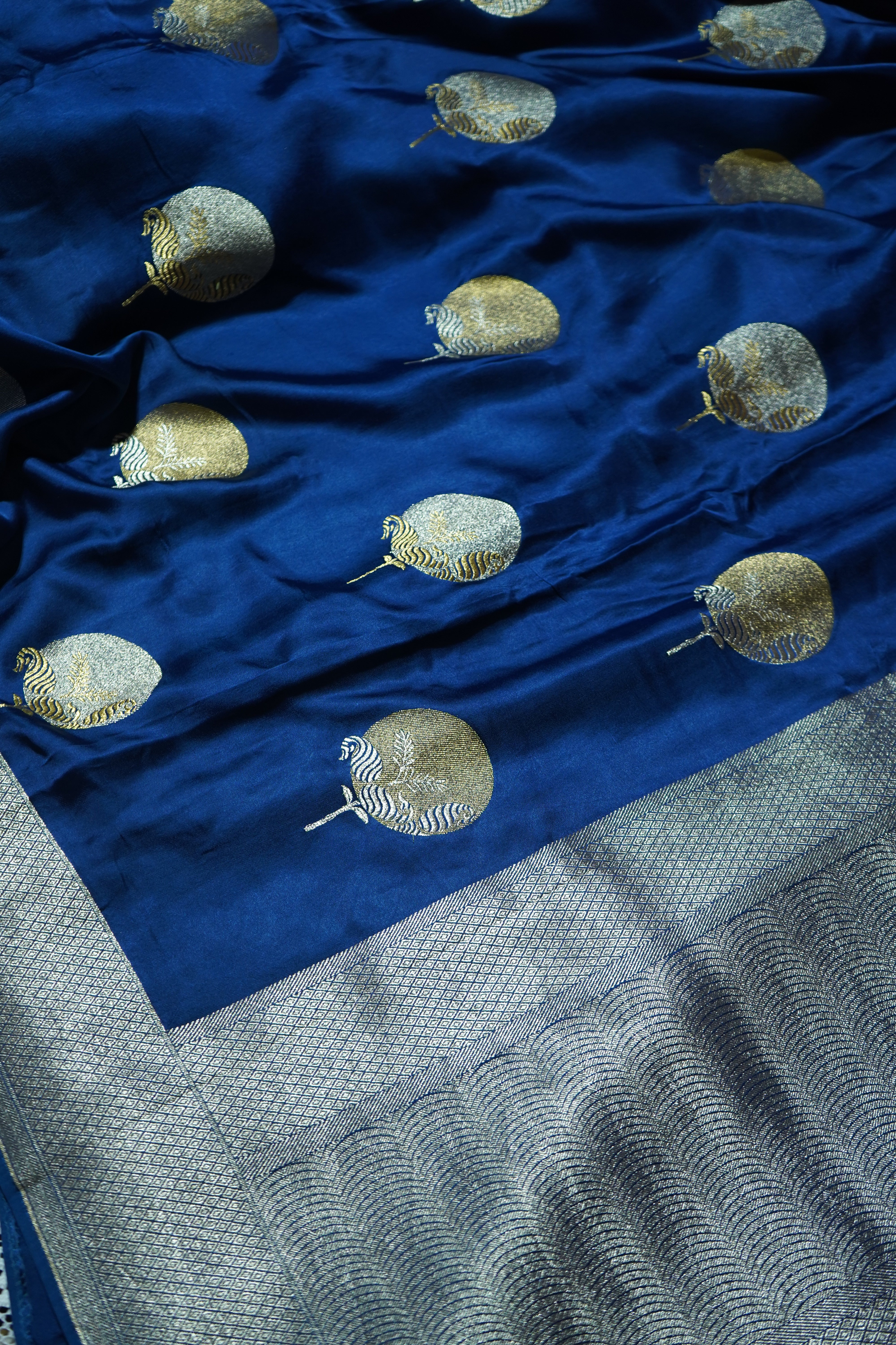 Electric Blue Mashru Silk Saree with Champagne Border