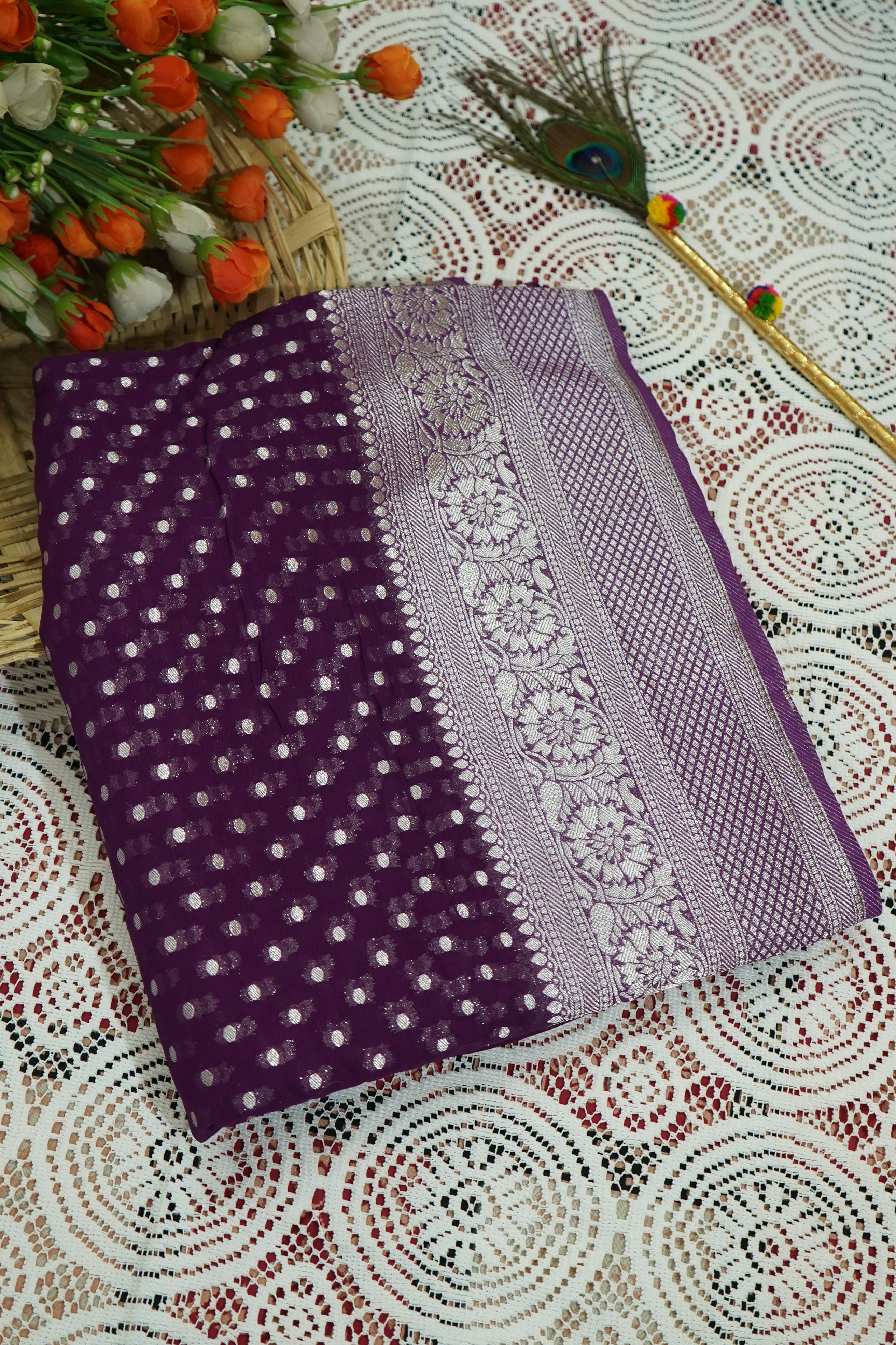 Purple Khaddi Georgette Pure Banarasi Saree with Champagne Zari Border