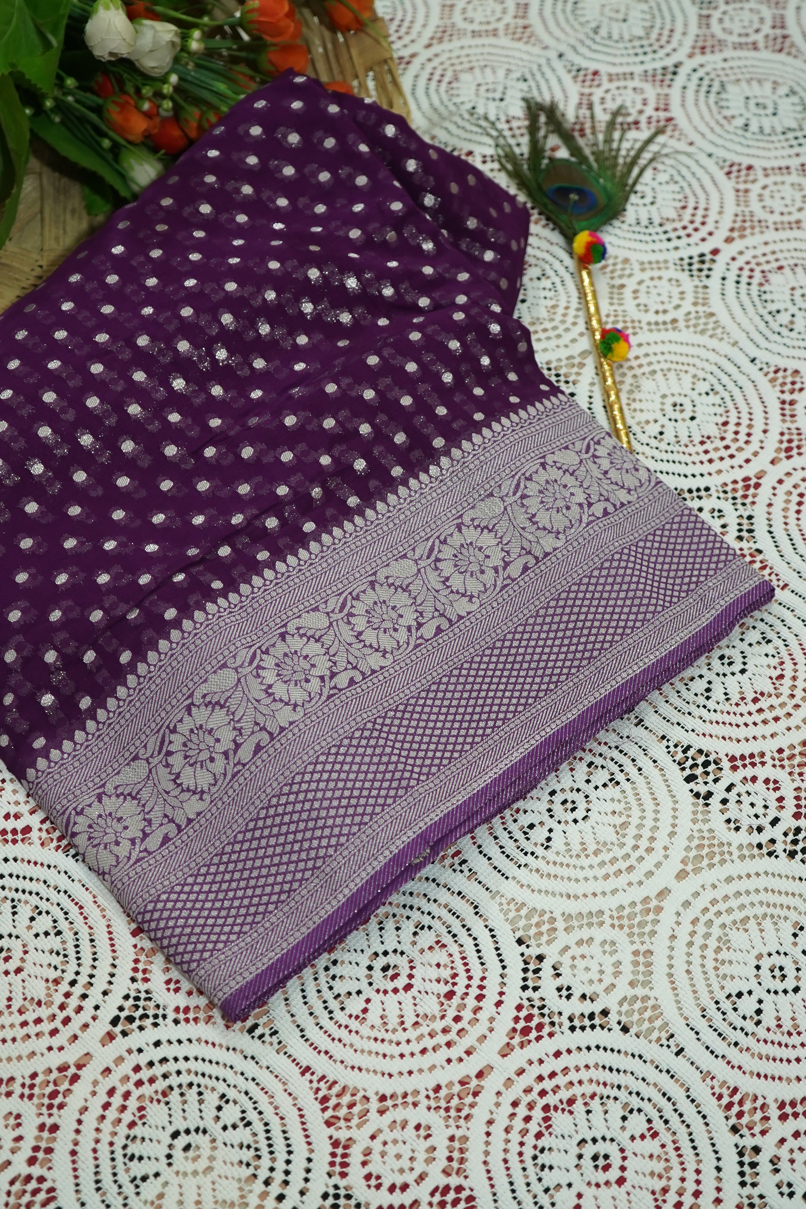 Purple Khaddi Georgette Pure Banarasi Saree with Champagne Zari Border