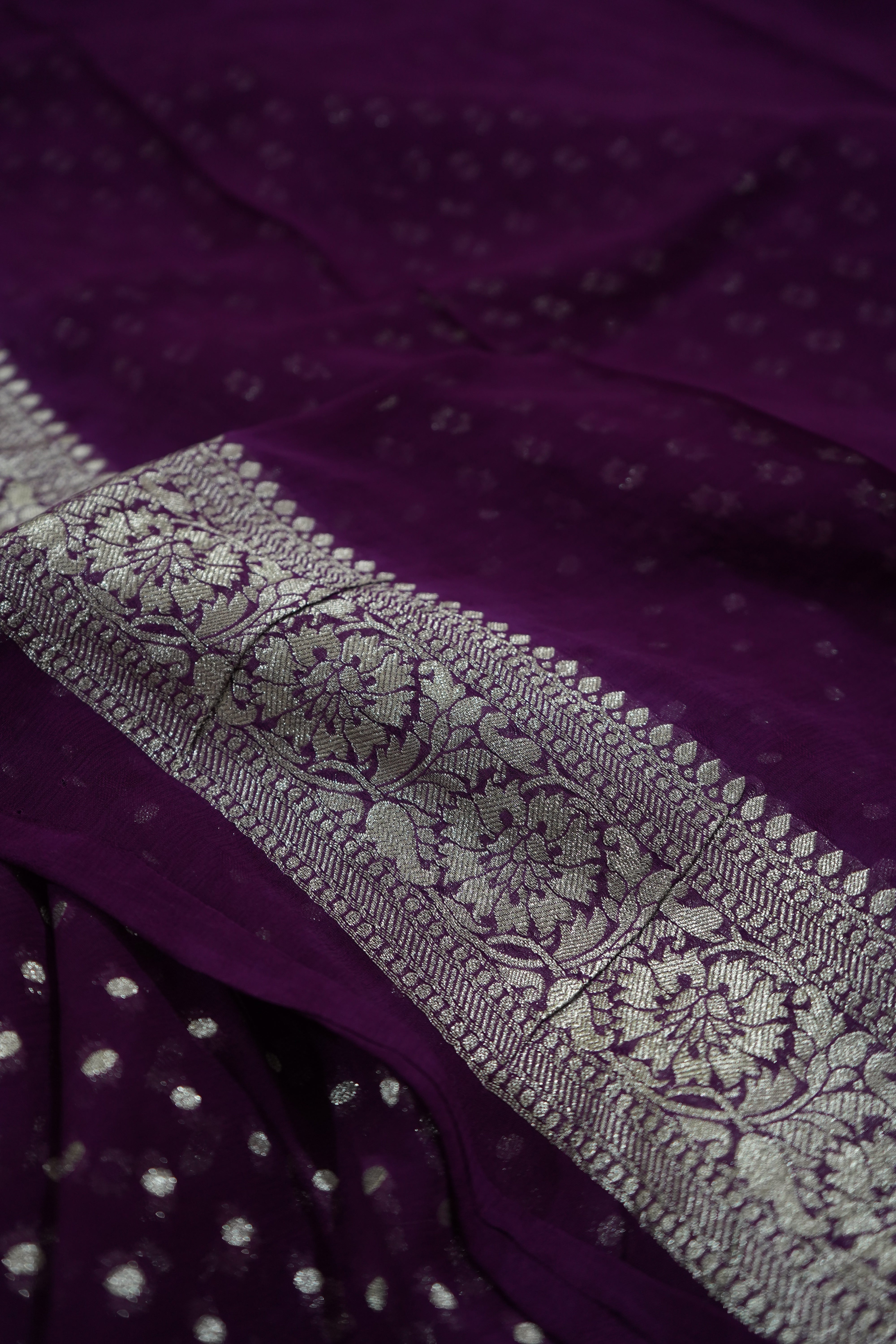 Purple Khaddi Georgette Pure Banarasi Saree with Champagne Zari Border
