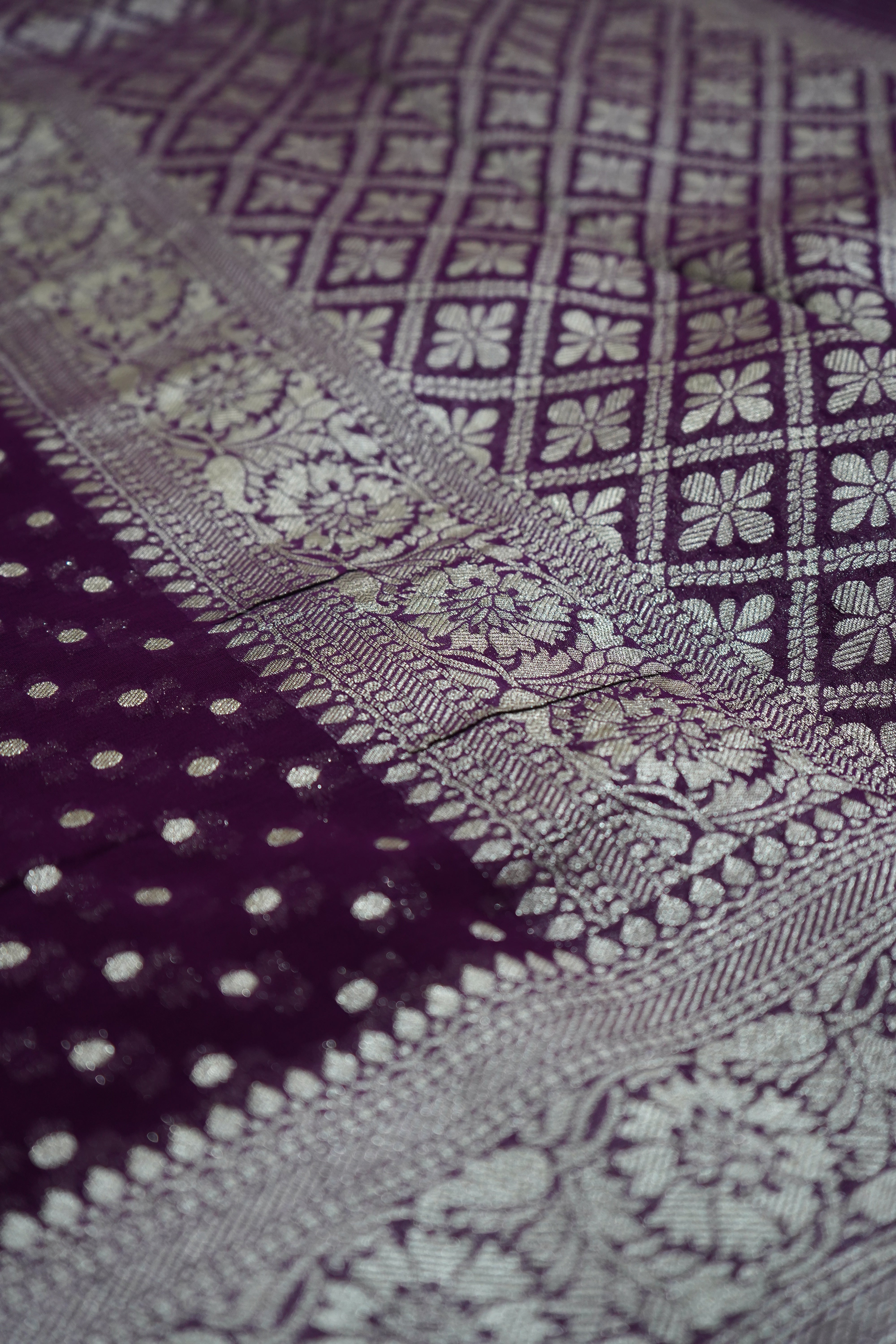 Purple Khaddi Georgette Pure Banarasi Saree with Champagne Zari Border