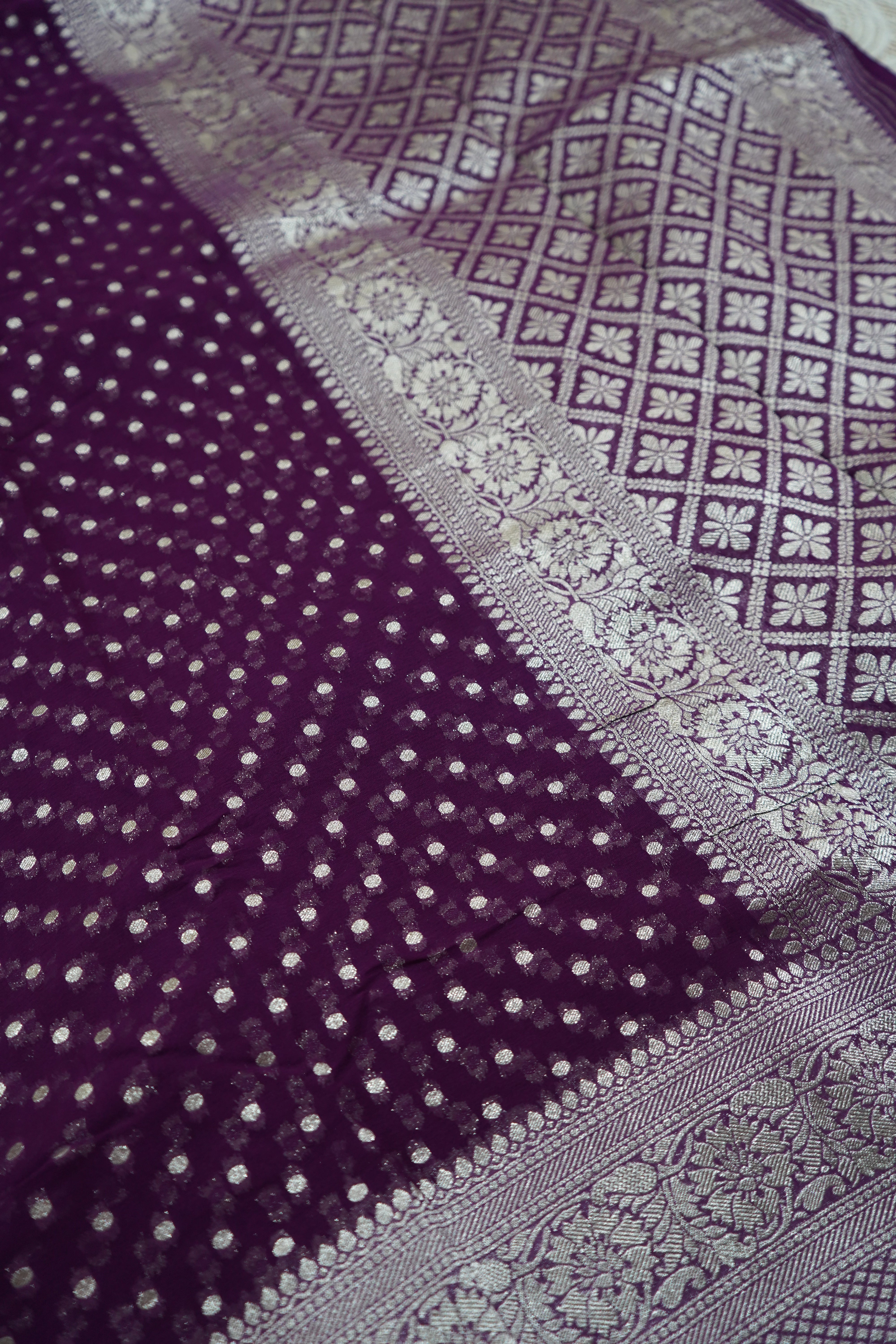 Purple Khaddi Georgette Pure Banarasi Saree with Champagne Zari Border