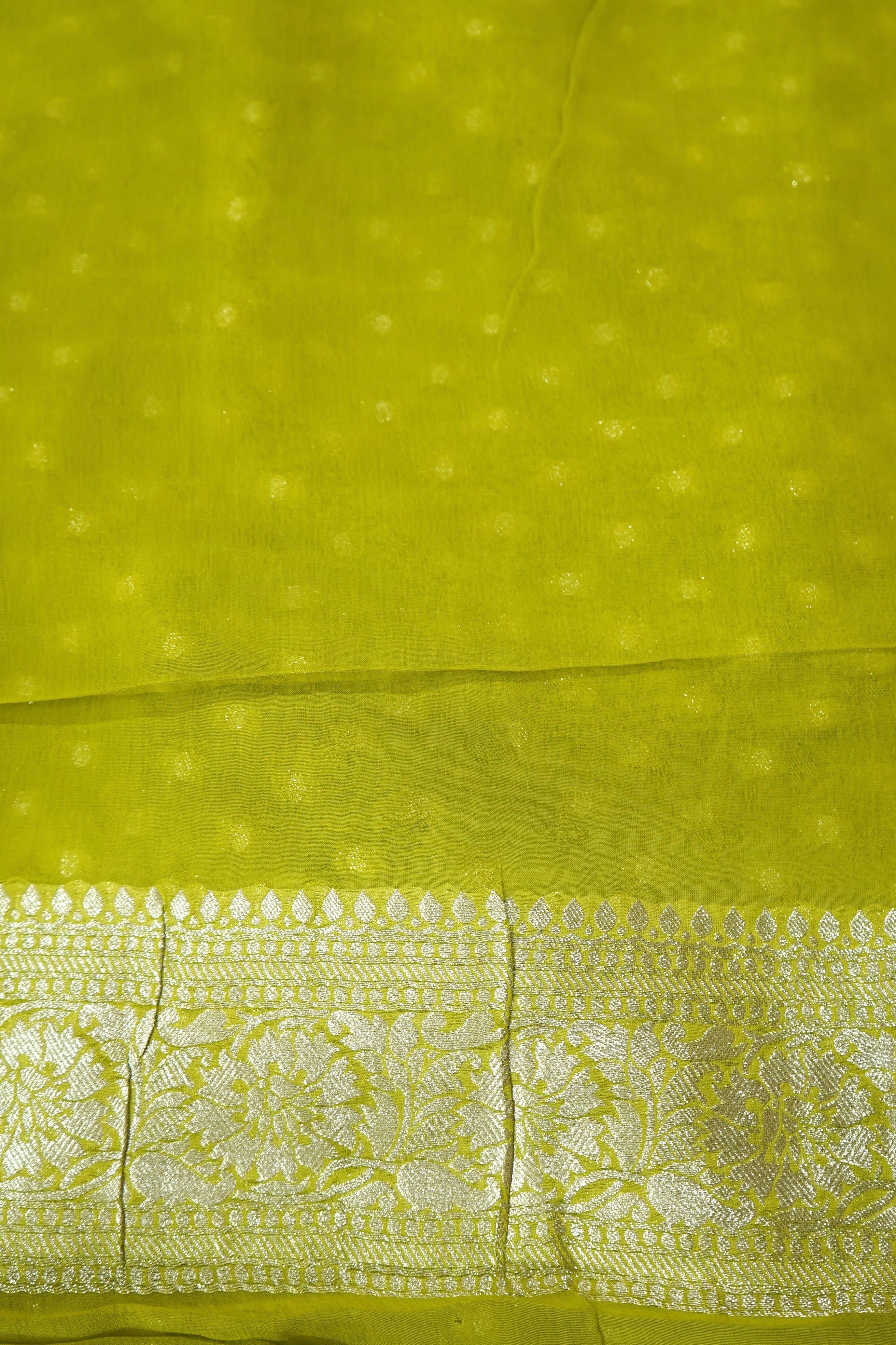 Pista Green Khaddi Georgette Pure Banarasi Saree with Champagne Zari Border