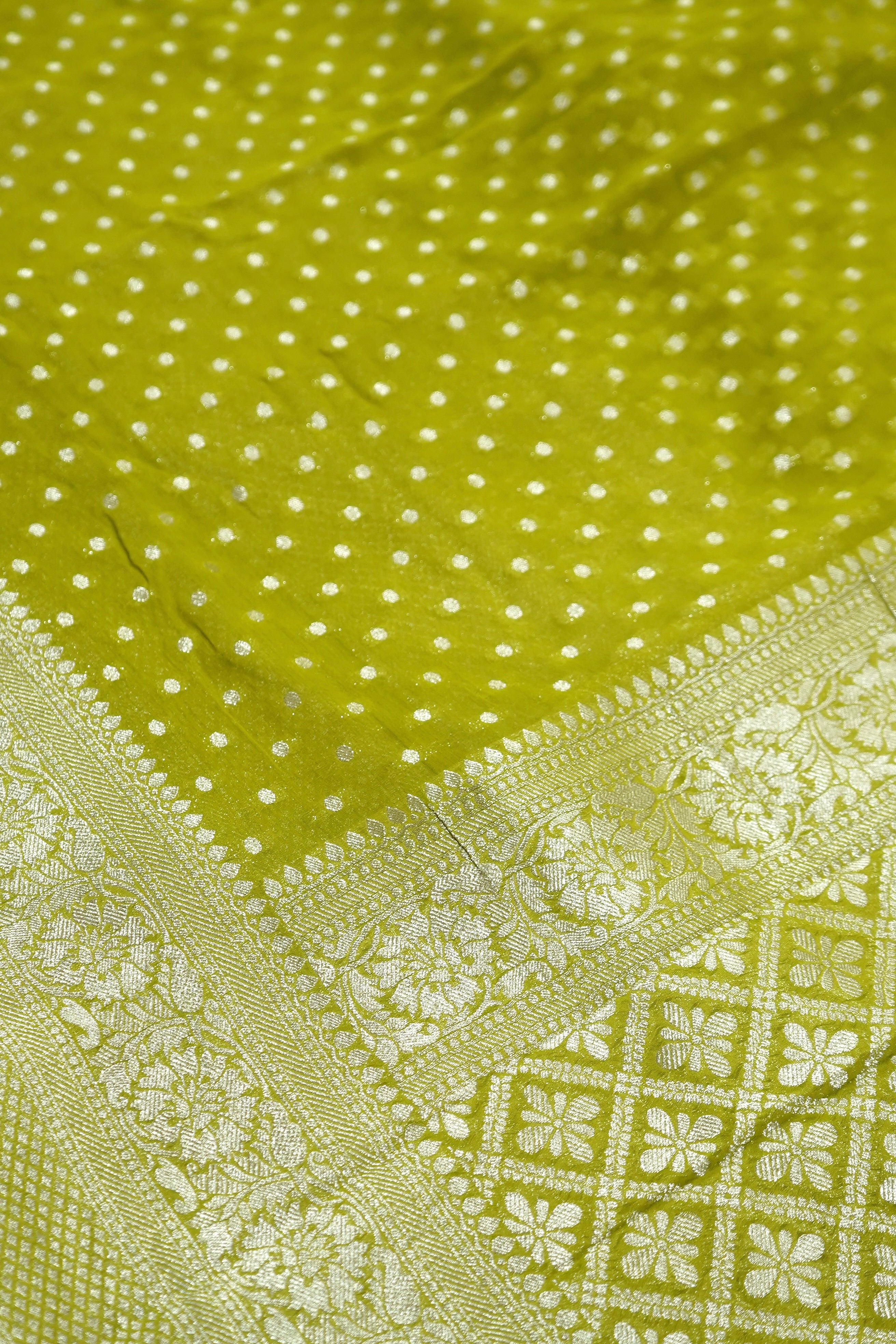 Pista Green Khaddi Georgette Pure Banarasi Saree with Champagne Zari Border