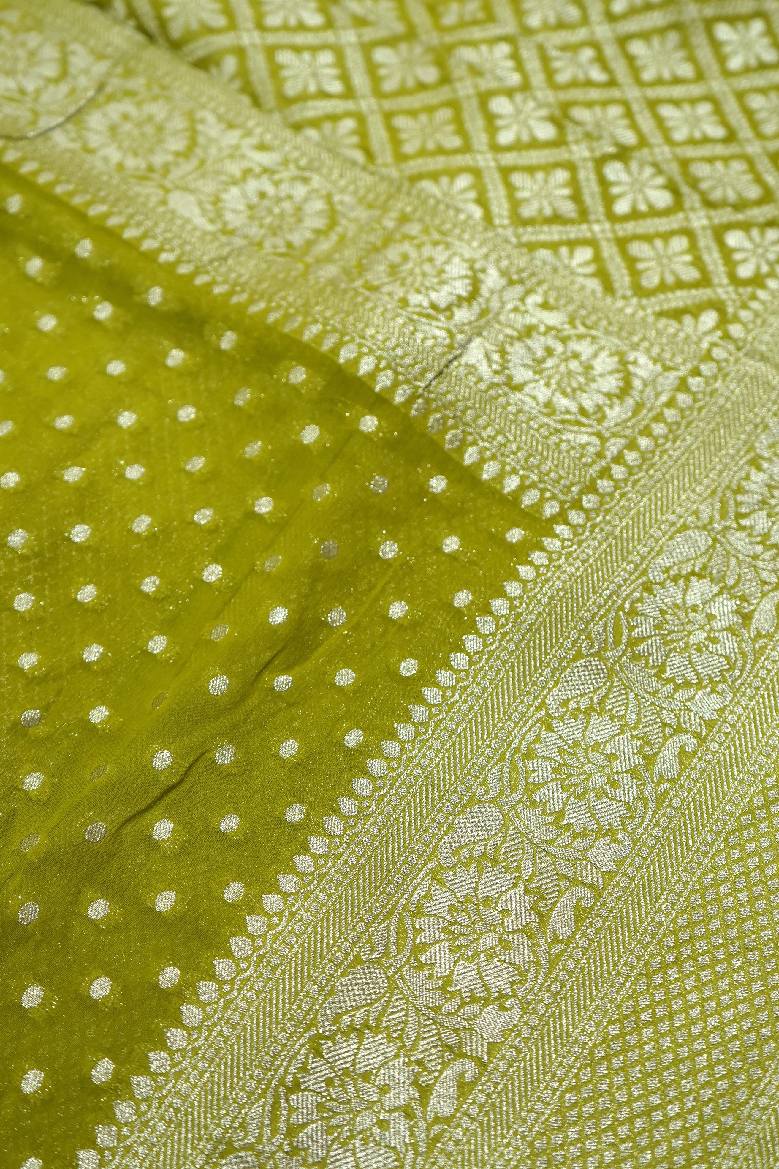 Pista Green Khaddi Georgette Pure Banarasi Saree with Champagne Zari Border