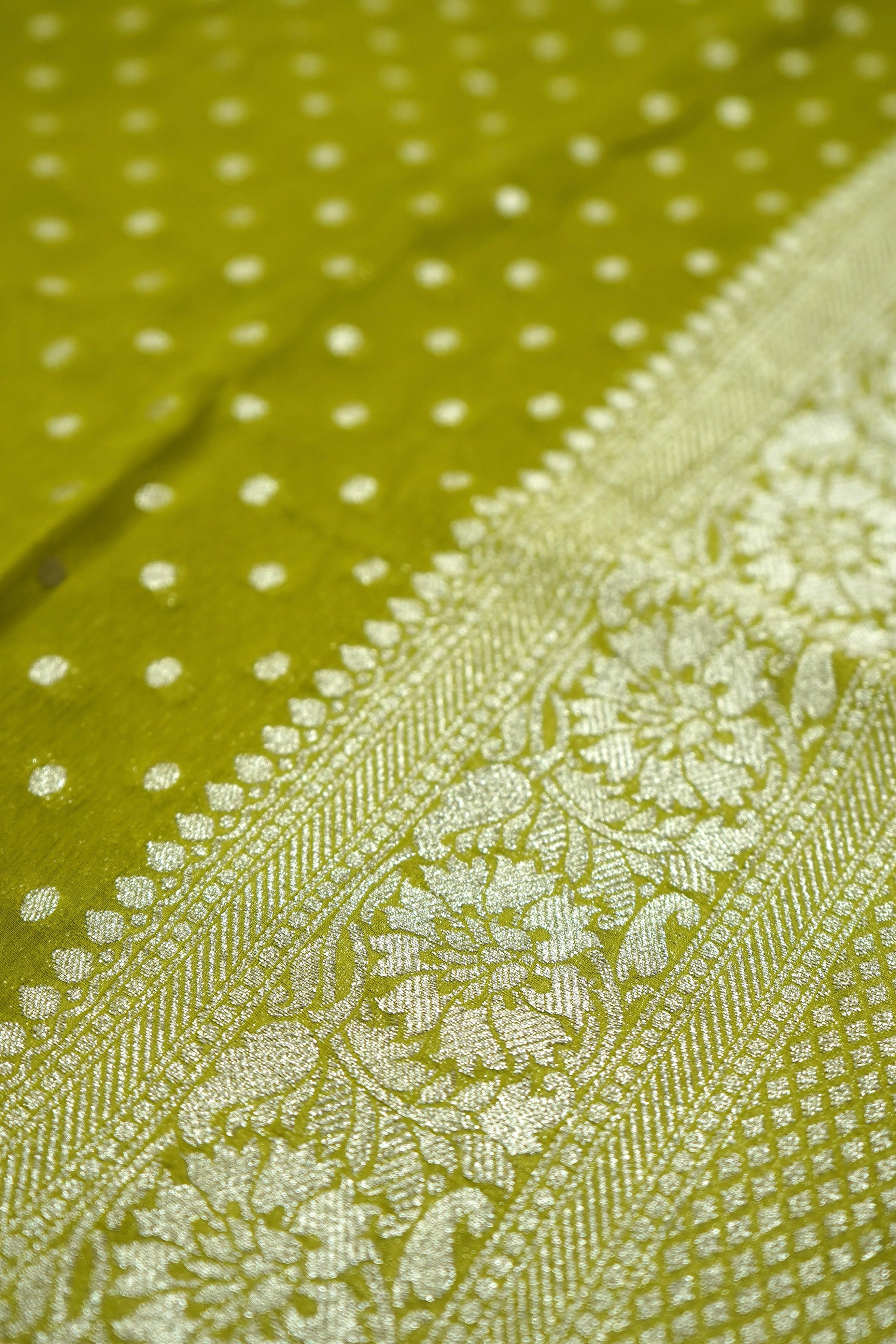 Pista Green Khaddi Georgette Pure Banarasi Saree with Champagne Zari Border