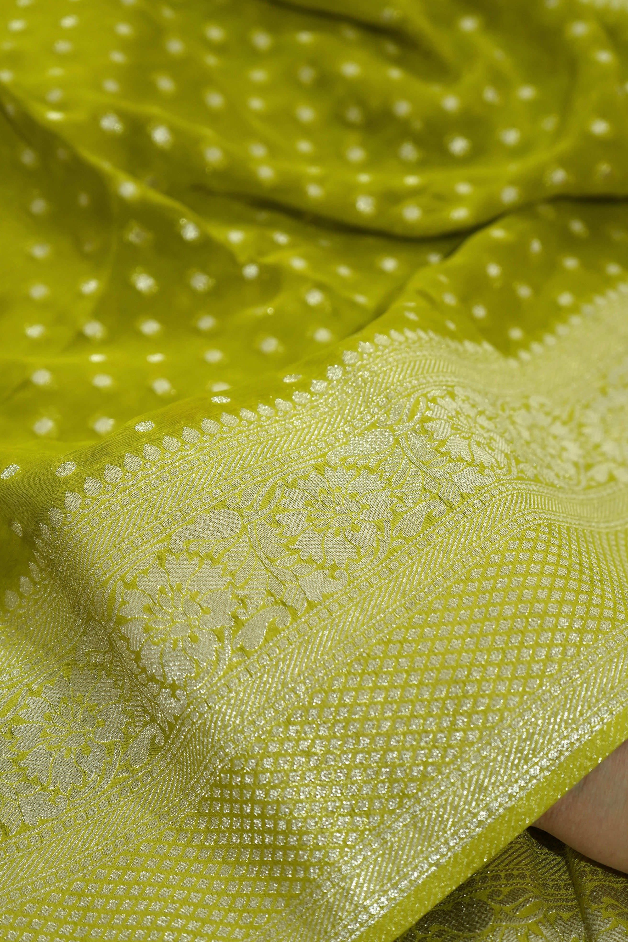 Pista Green Khaddi Georgette Pure Banarasi Saree with Champagne Zari Border