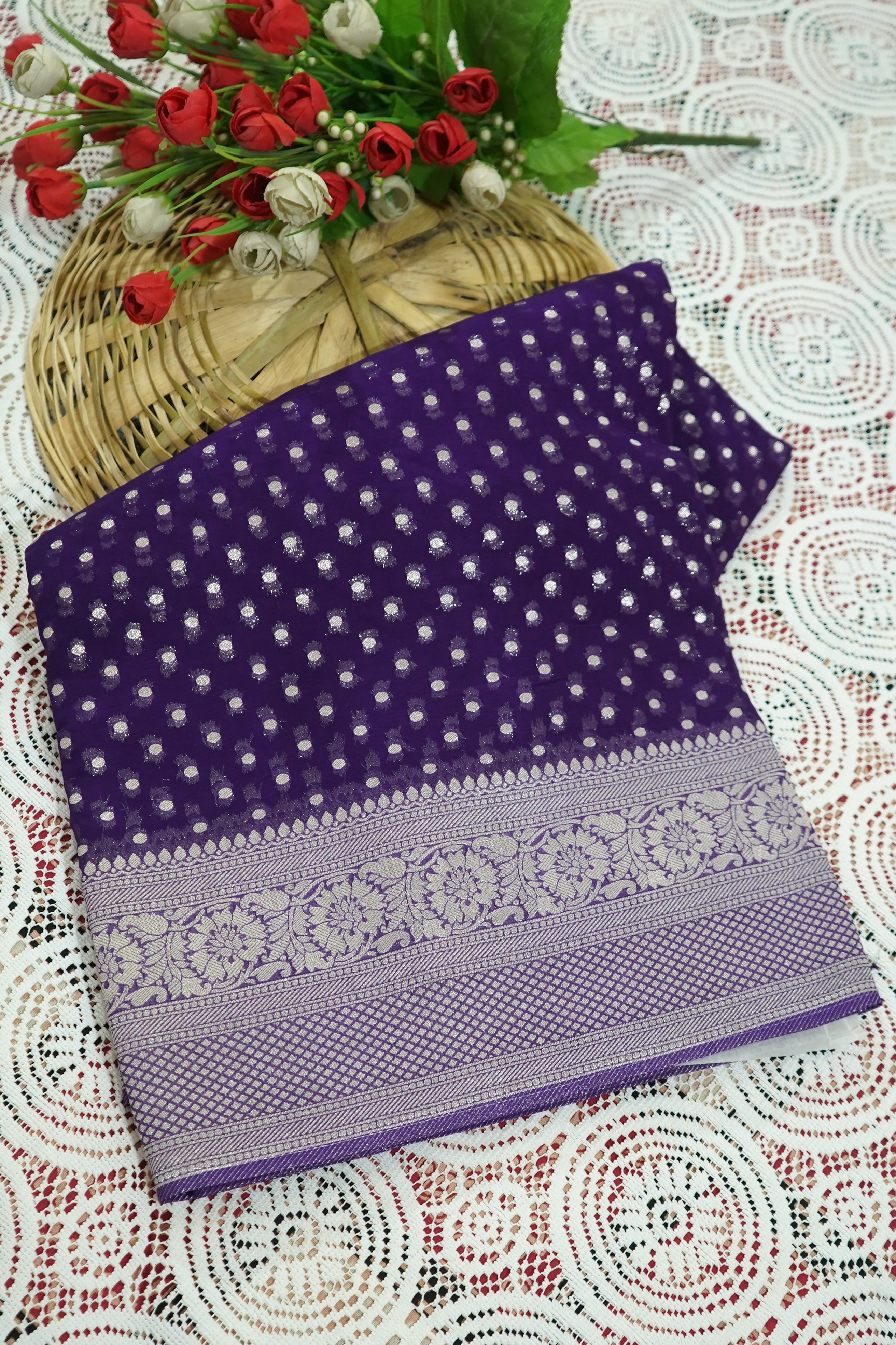 Bluish Purple Khaddi Georgette Pure Banarasi Saree with Champagne Zari Border