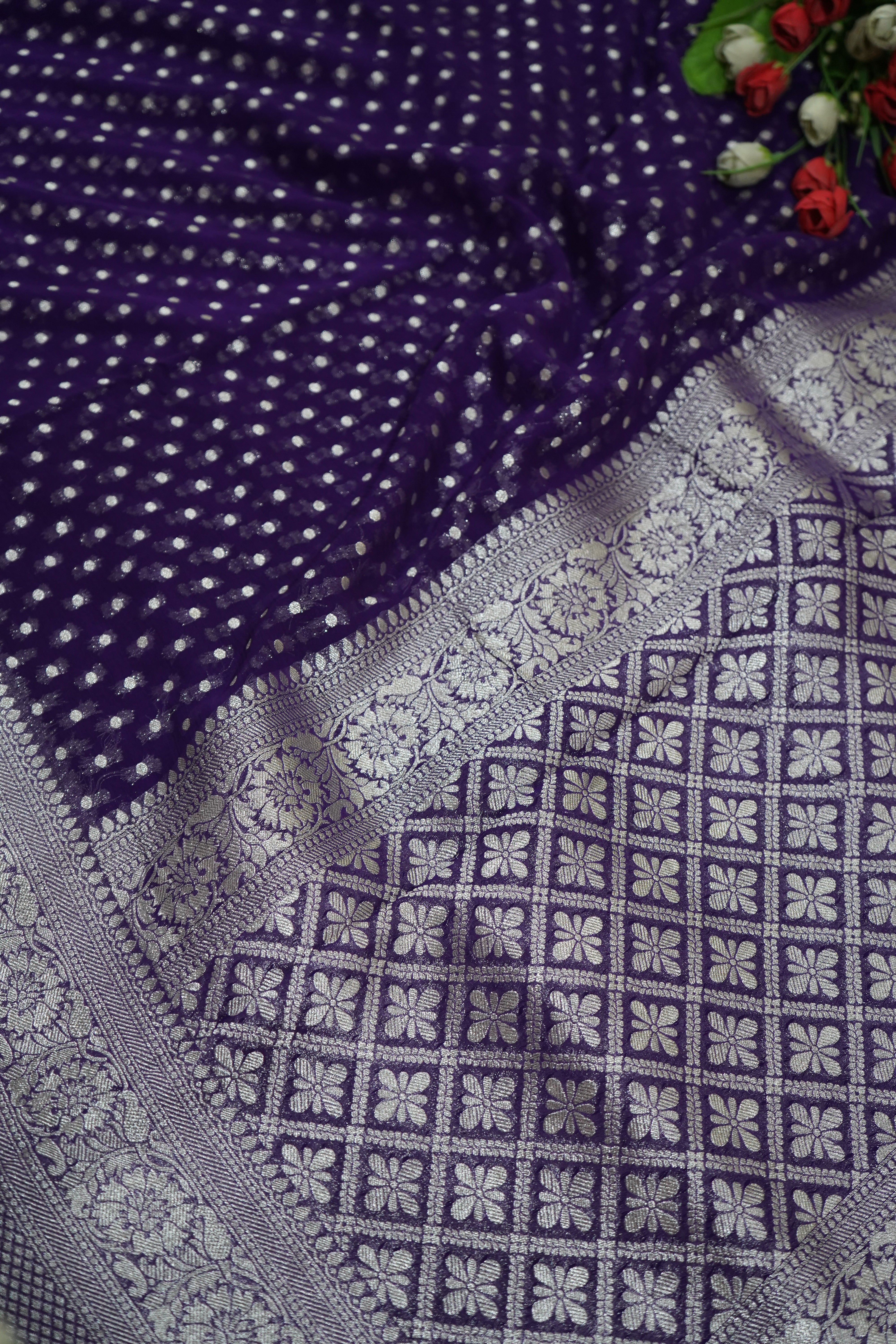 Bluish Purple Khaddi Georgette Pure Banarasi Saree with Champagne Zari Border